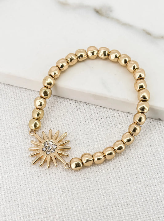 Envy Jewellery Gold Bead Stretch Bracelet With Central Diamanté Sunburst