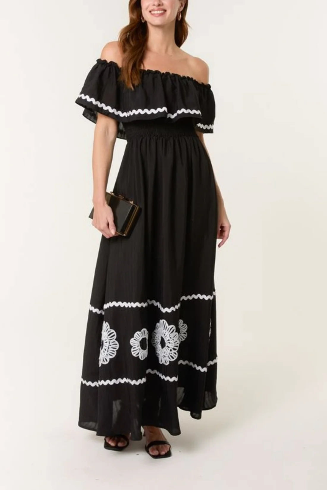 Maria Bardot Neckline Shirred Bodice Black Maxi Dress With White Embroidery & Rik Rak