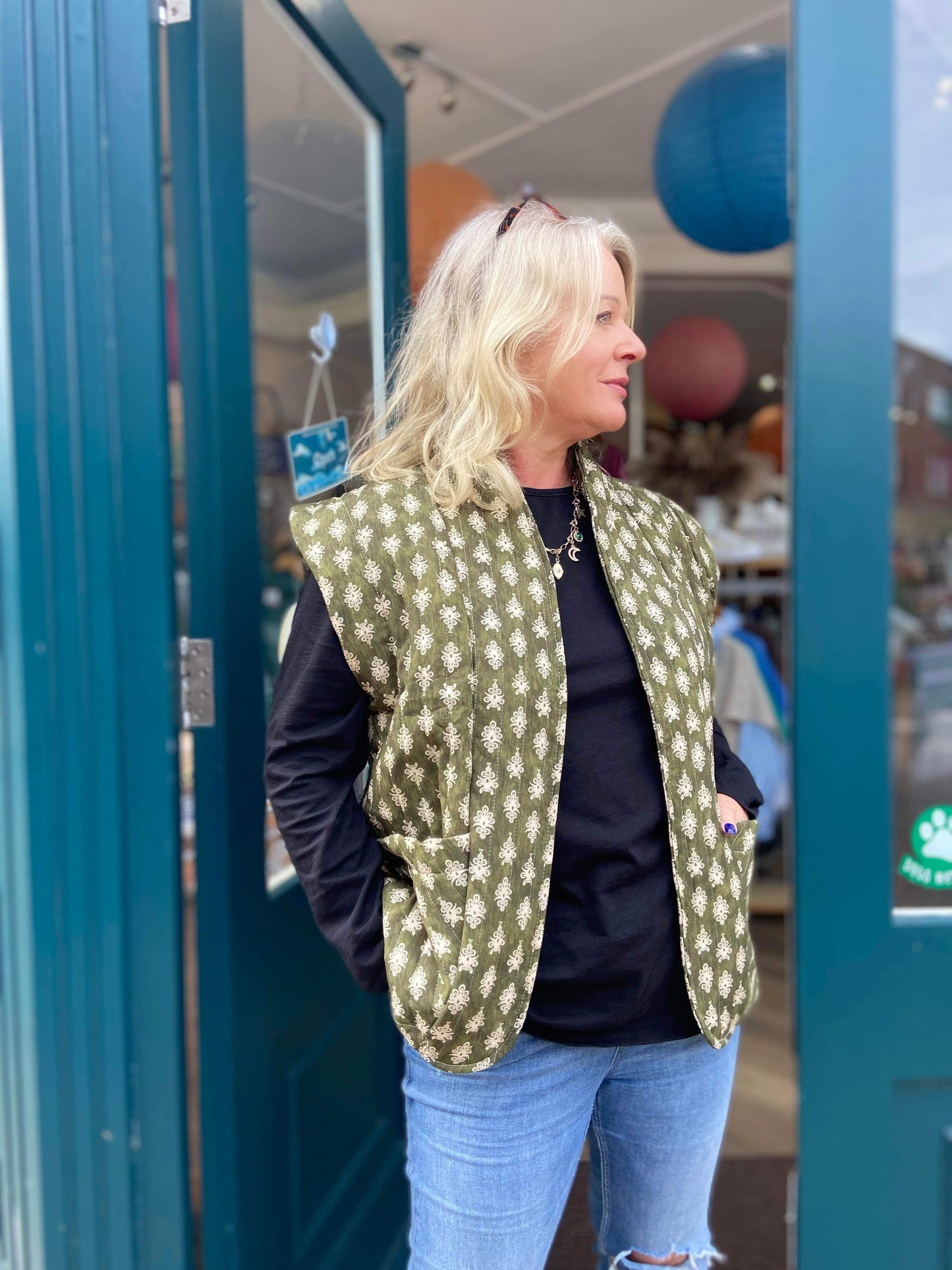 Asha Quilted Khaki Paisley Gilet Waistcoat