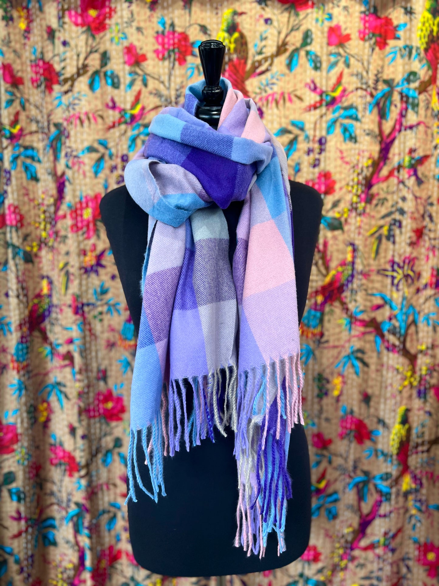 Checked Wool Mix Pashmina Scarf - Lilac Wine