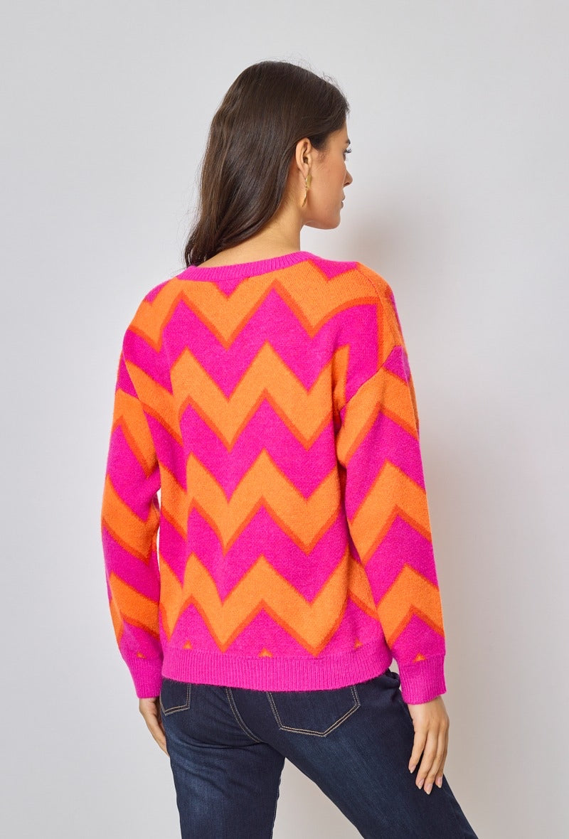 Angela Zig Zag Knit Jumper - Pink & Orange