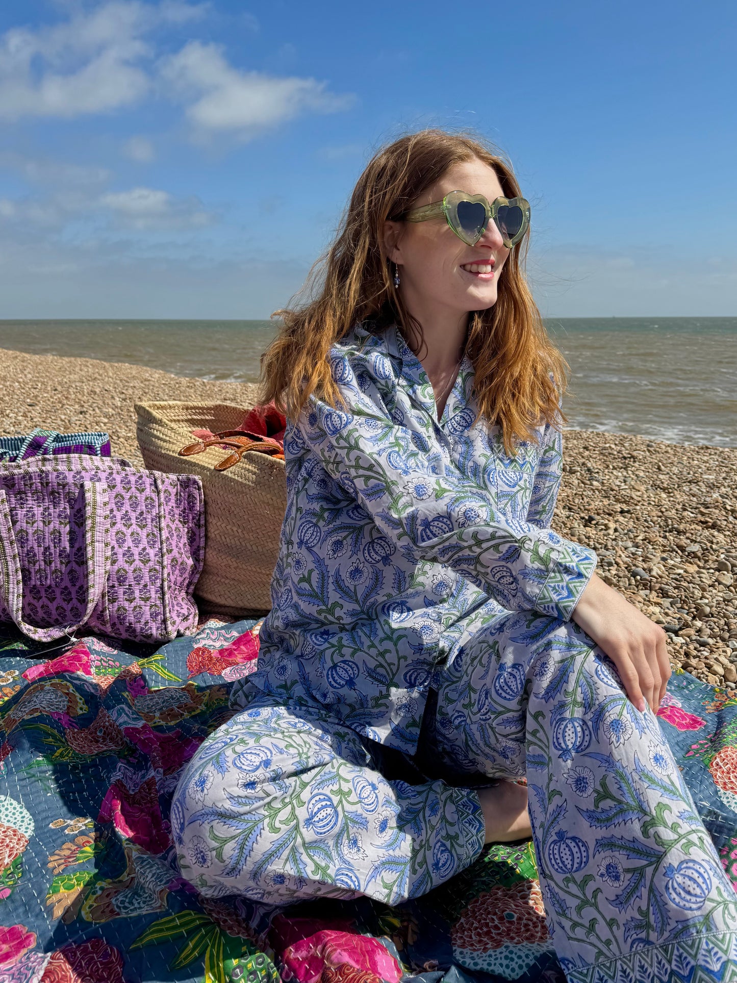 Tamarisk Bazaar Hand Block Printed Indian Cotton Pyjamas- Blue & Grey Floral