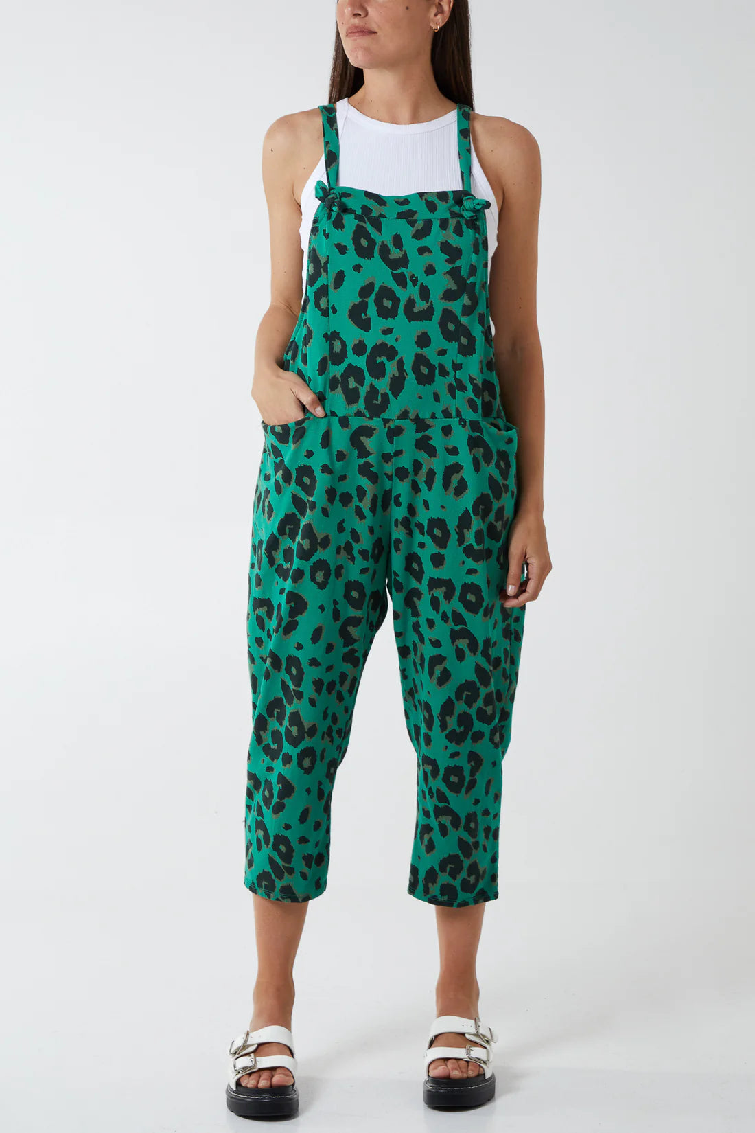 Debs Leopard Print Jersey Dungarees - Wine, Palm Green, Cerise Pink Or Beige