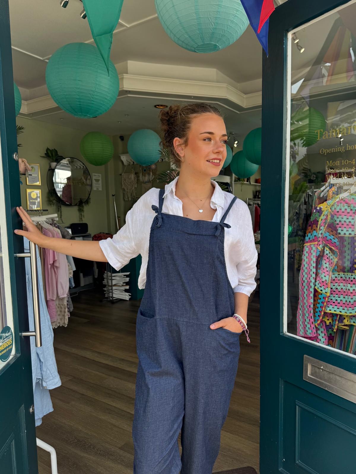 Pippa Denim Wash Cotton Dungarees With Knot Fastening - Dark Or Medium Wash