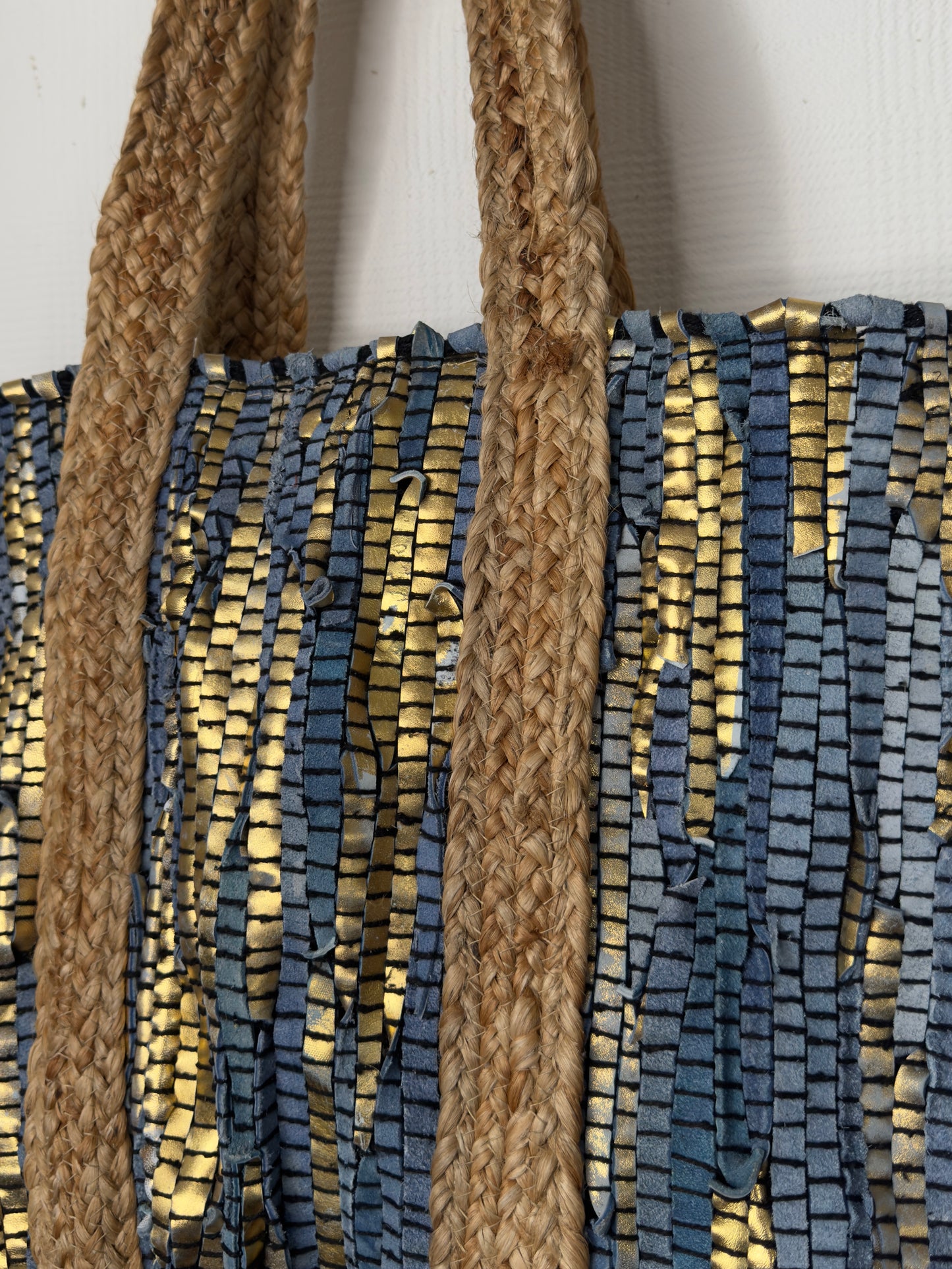 Boho Luxe Leather & Jute Woven Rag Tote Bag