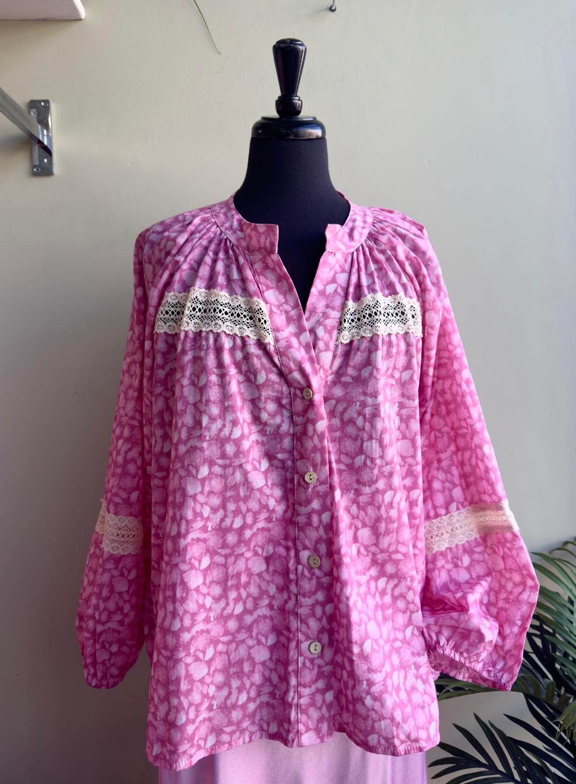 Miranda Ditsy Brush Stroke Print Blouse With Lace Trim - Khaki Or Pink Cotton