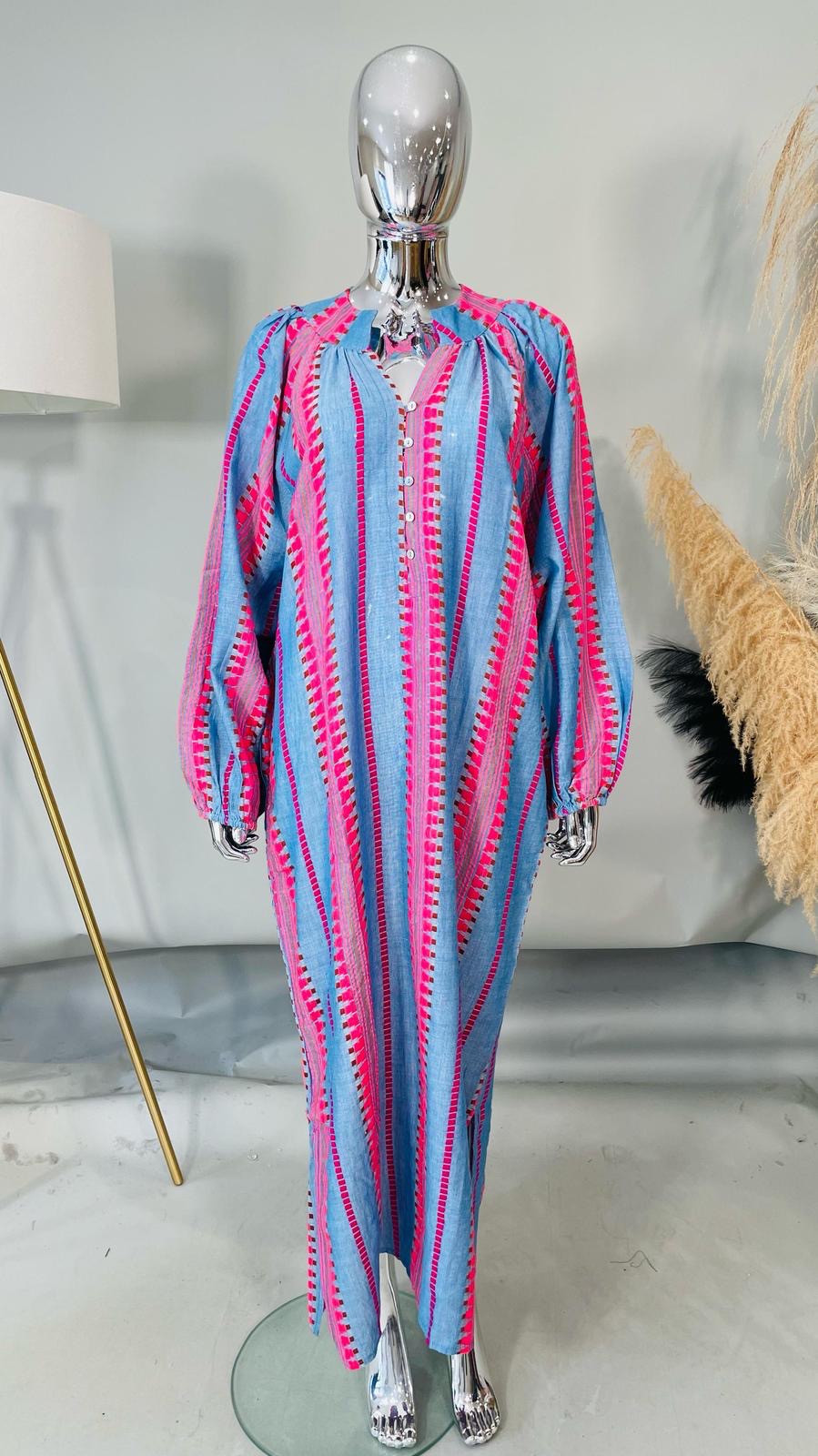 Abigail Striped Collarless Boho Maxi Shirt Dress 100% Cotton (Blue & Pink)
