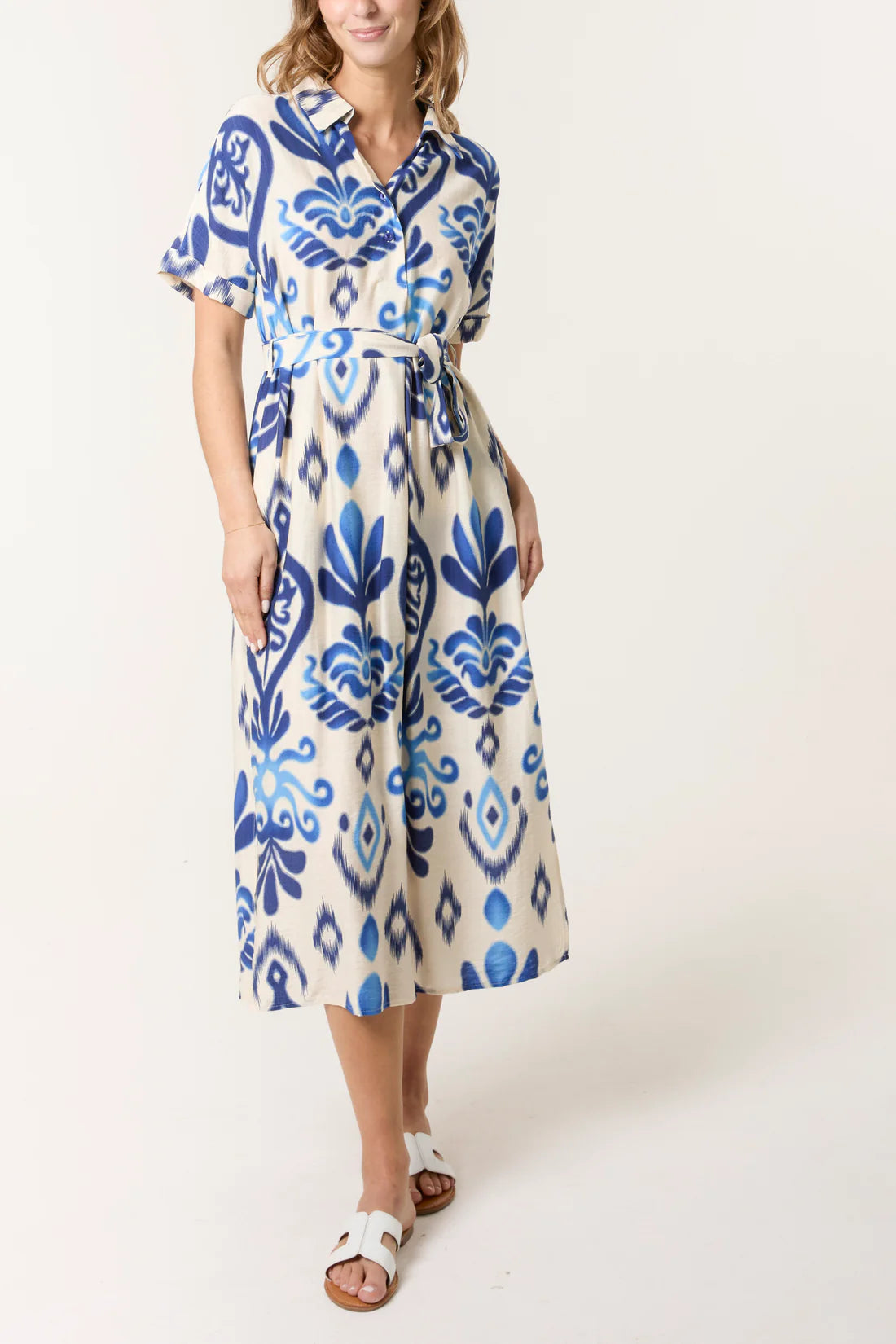 Michelle Ikat Print Short Sleeve Shirt Dress - Green Or Blue