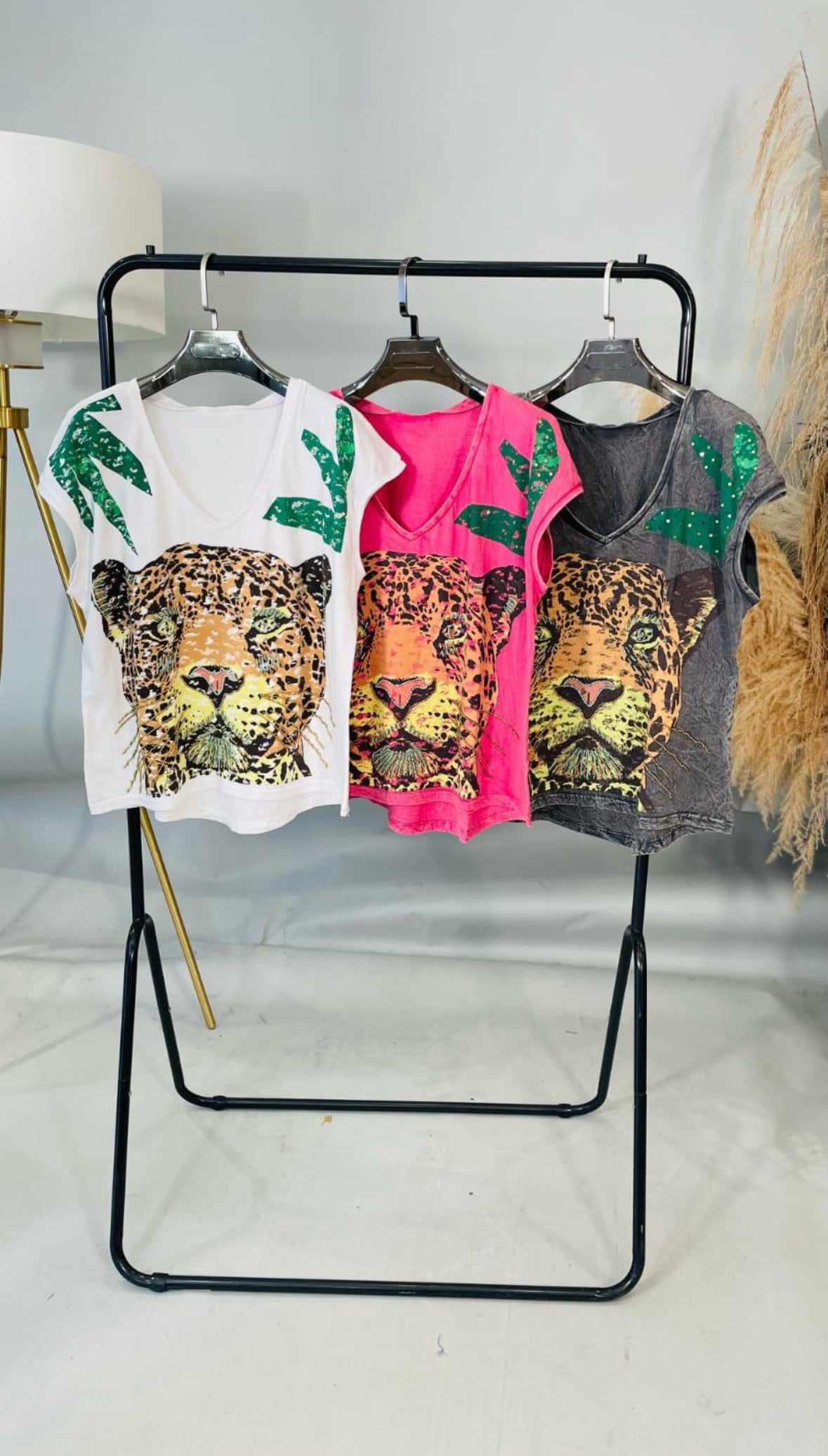 Lashes Leopard Distressed Graphic T Shirt With Bead Embellishment- Pink, White Or Black