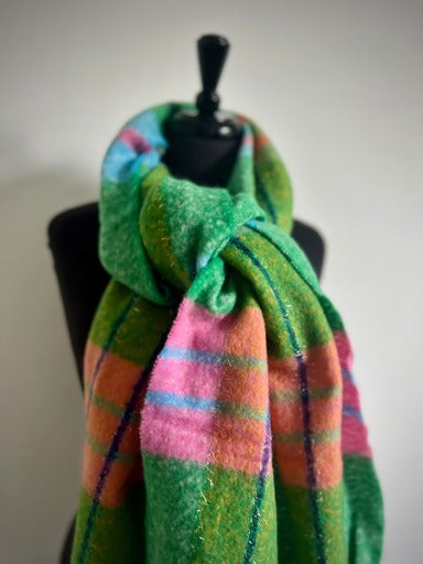 Green & Pink Lurex Thread Checked Blanket Scarf