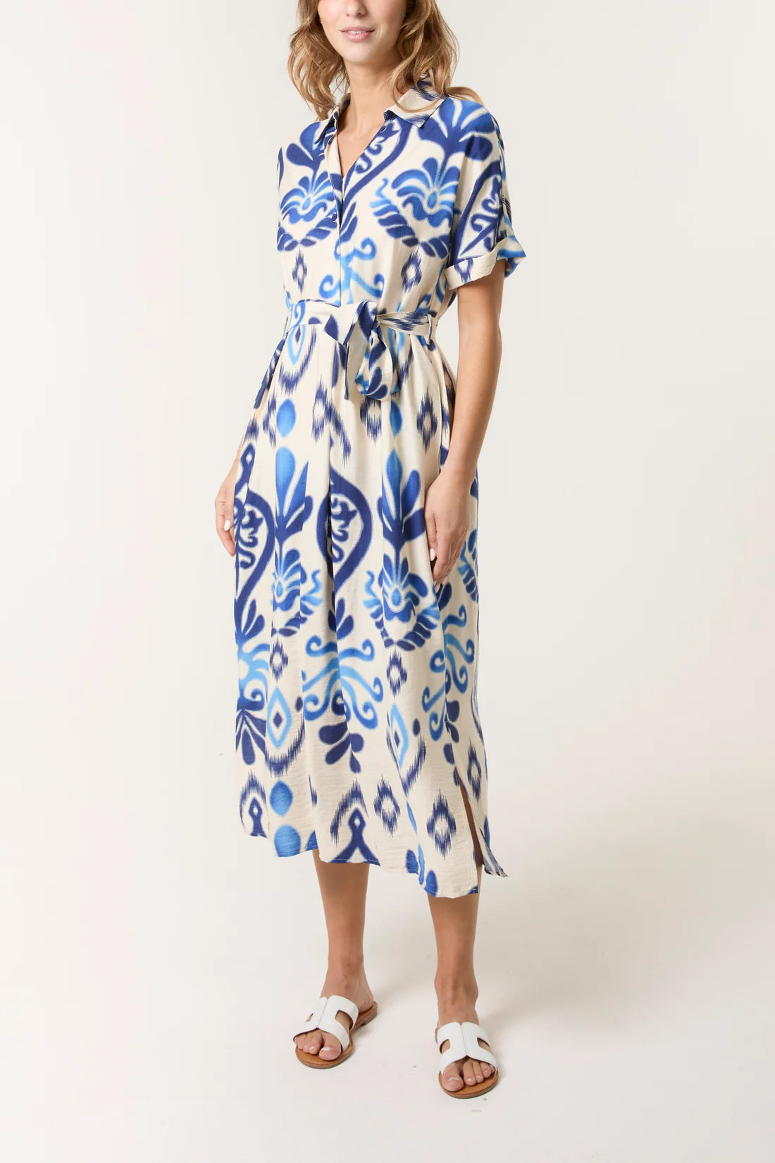 Michelle Ikat Print Short Sleeve Shirt Dress - Green Or Blue