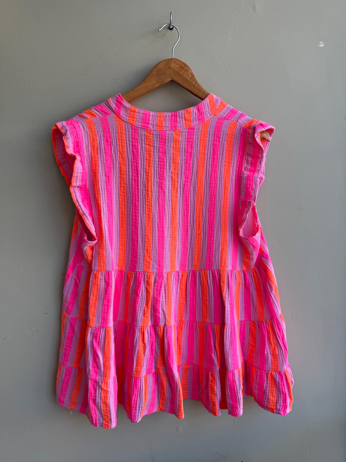 Billie Neon Stripe Cotton Cheesecloth Tiered Smock Top - Pink