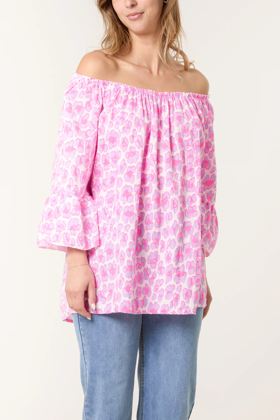 Carolina Cotton Cheesecloth Bardot Smock Top - Leopard Print - 3 Colours