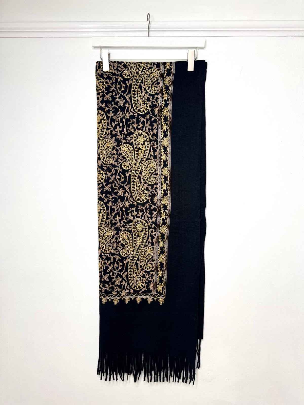 Ursula Gold Embroidered Paisley Design Wool Blend Pashmina Scarf - Black Or Navy