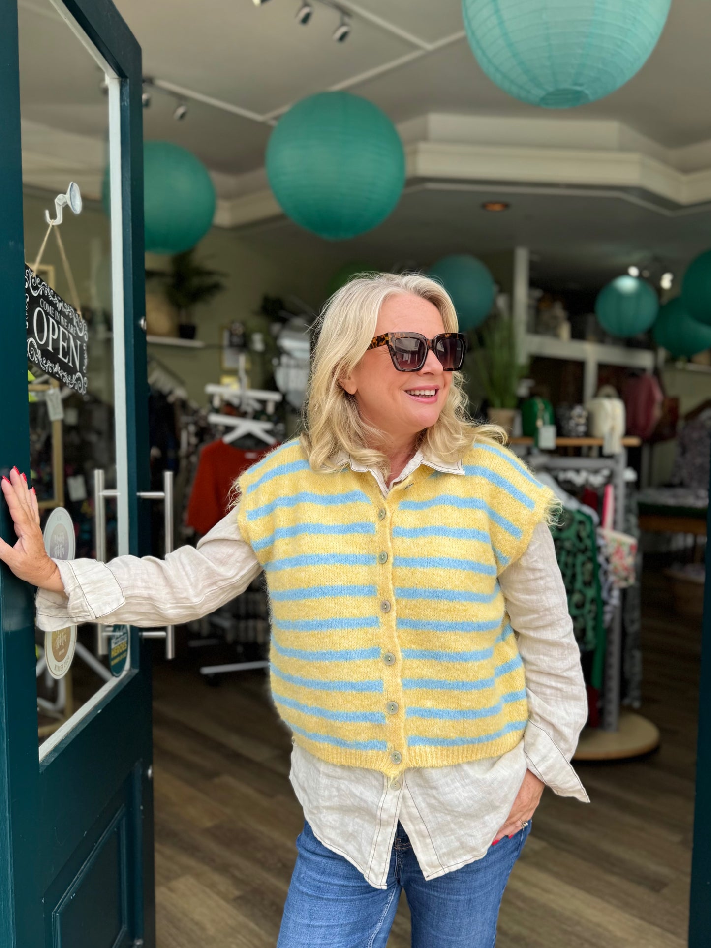 Joy Fluffy Knit Striped Waistcoat - Lemon Yellow & Sky Blue