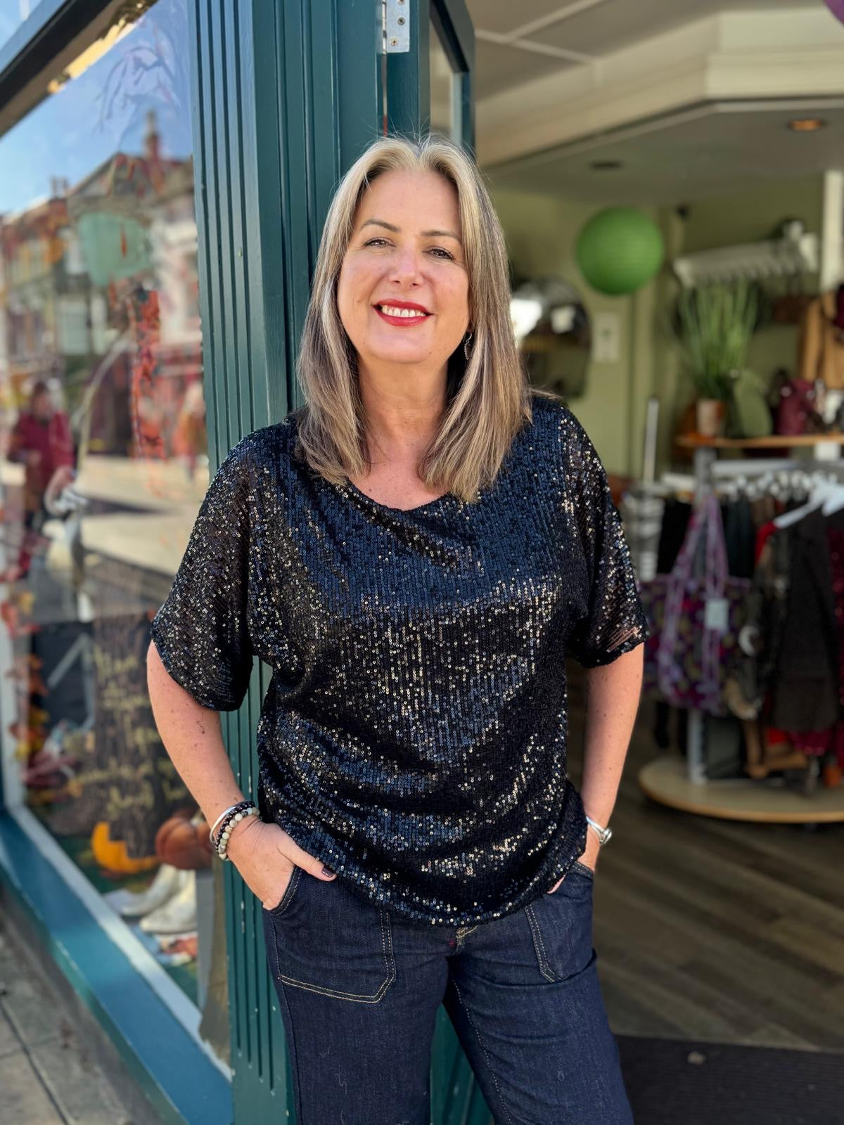 Sara Sequin T Shirt Top - Black or Burgundy Wine
