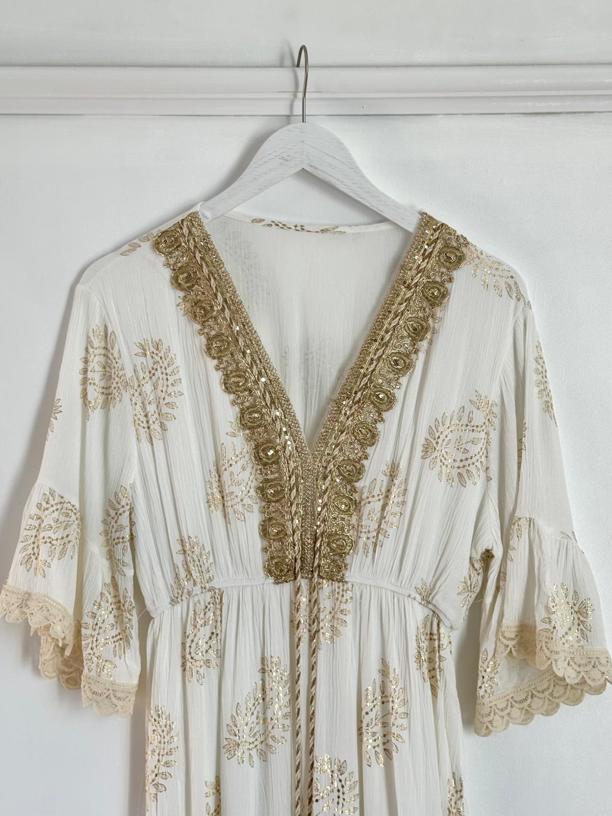 Stella White Crinkle Cotton Dress With Gold Boho Trim