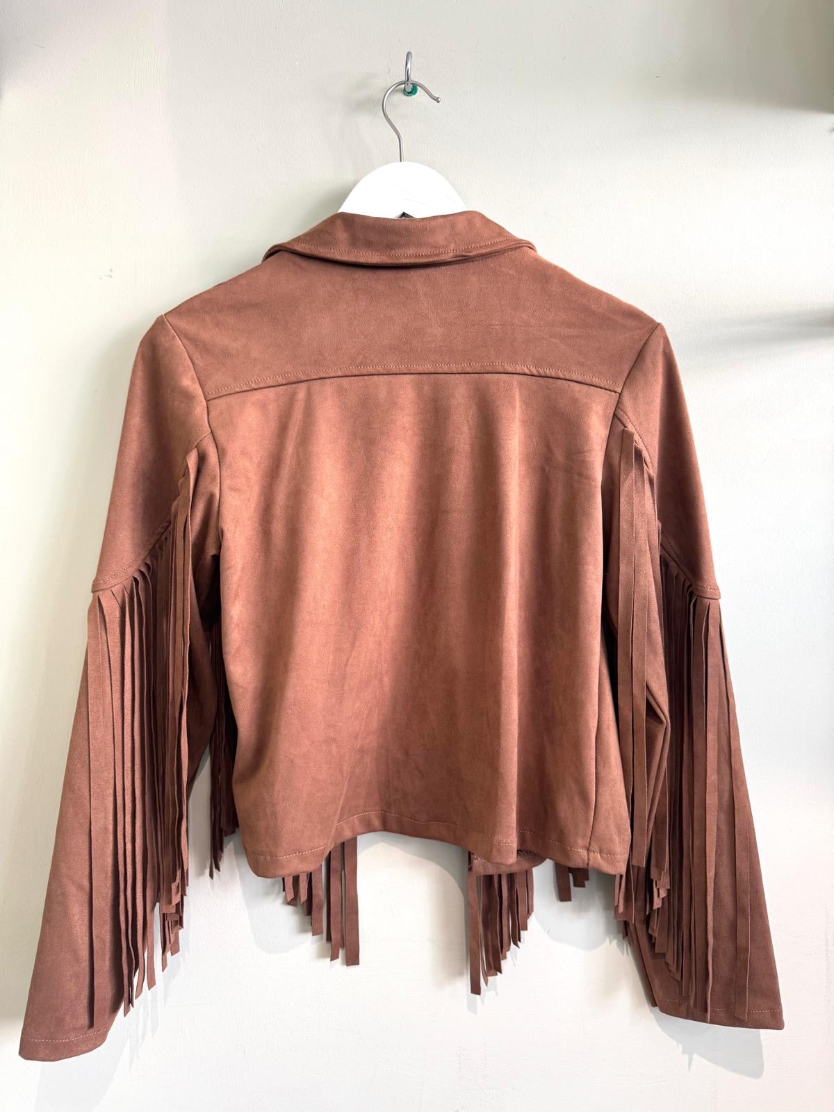 Lauren Boho Faux Suede Fringed Biker Jacket - Tan Brown Or Burgundy Wine