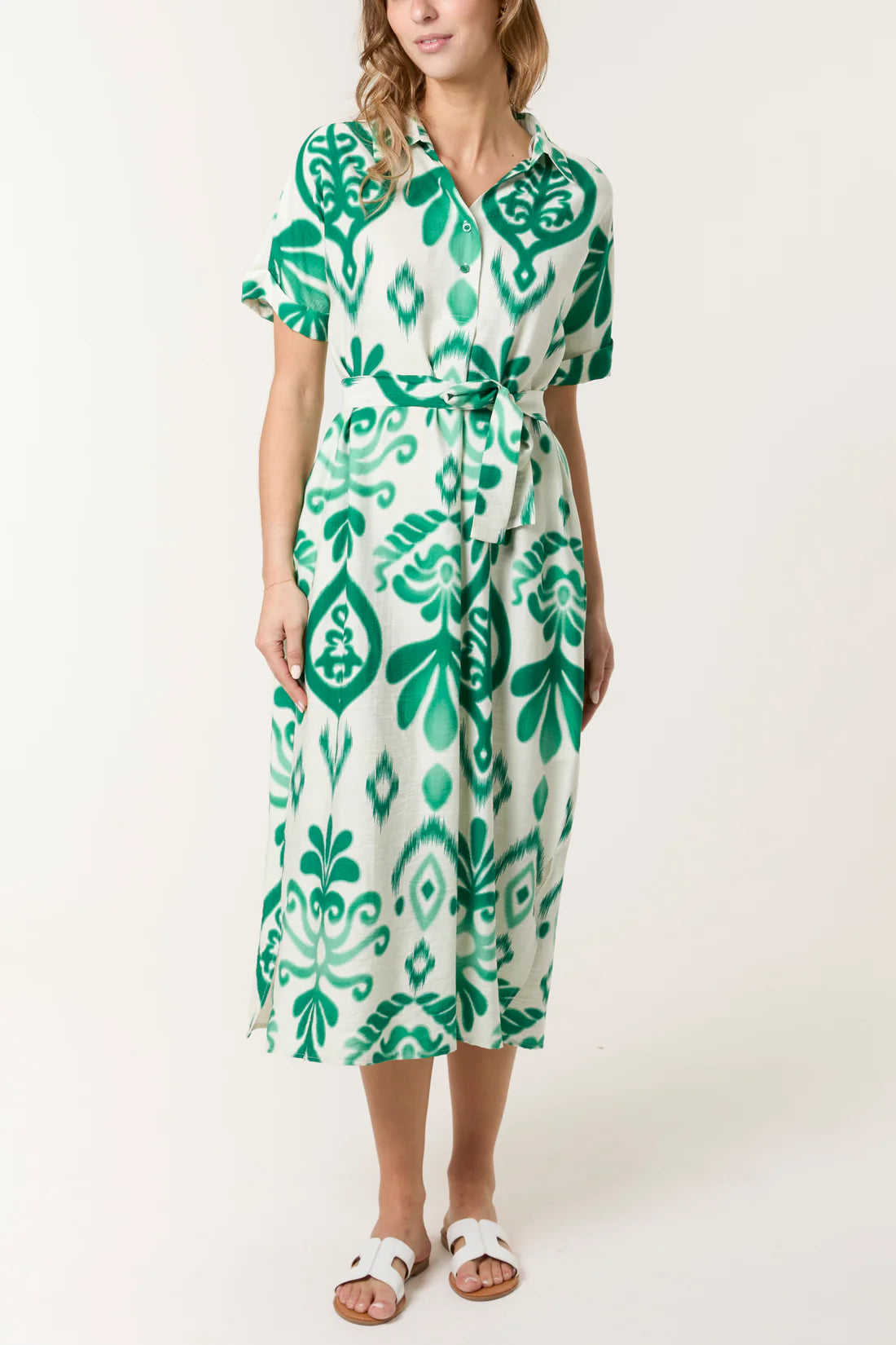 Michelle Ikat Print Short Sleeve Shirt Dress - Green Or Blue