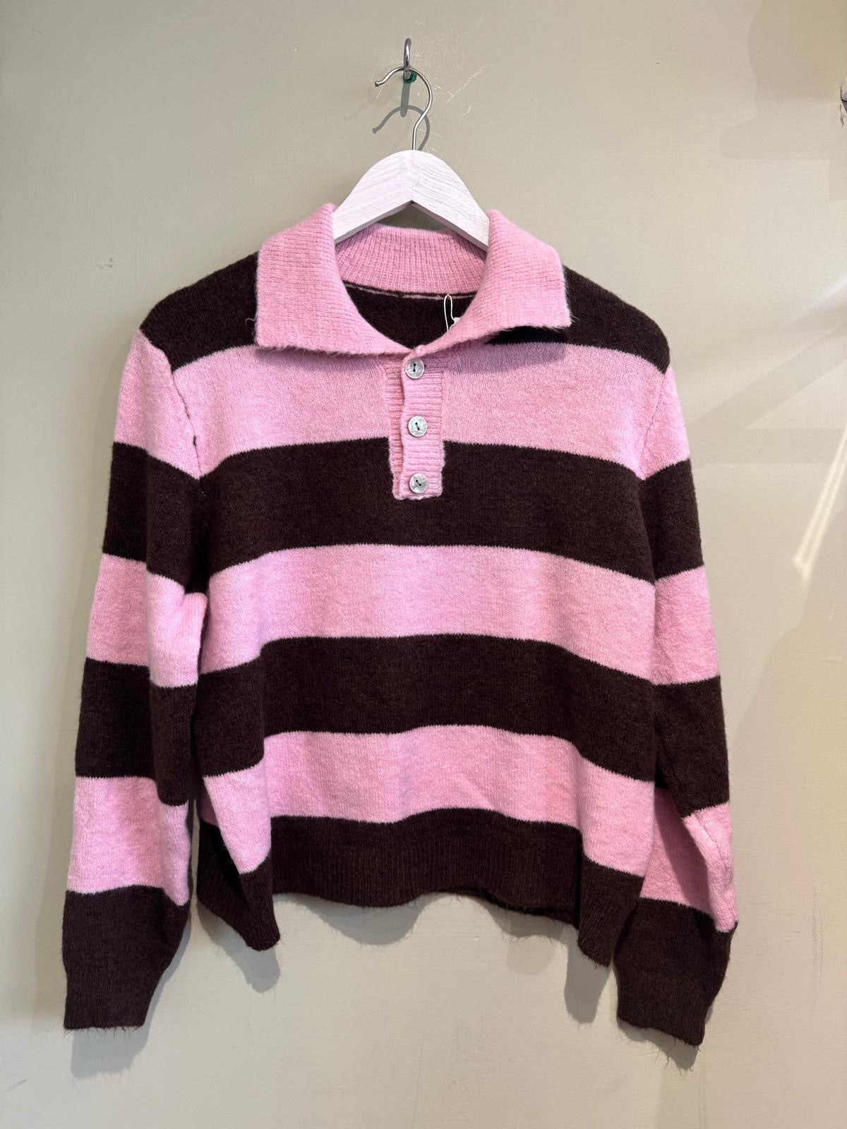 Coleen Striped Wool Blend Women’s Rugby Style Jumper - Pink & Brown Or Burgundy & Brown