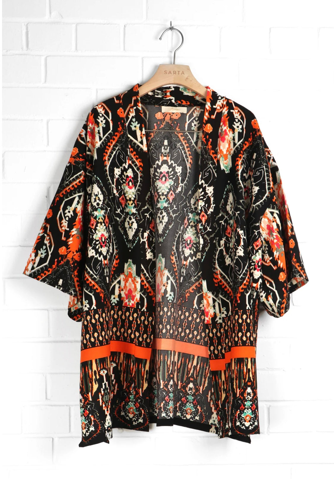 Davina Ikat Print Short Kimono - Black & Orange