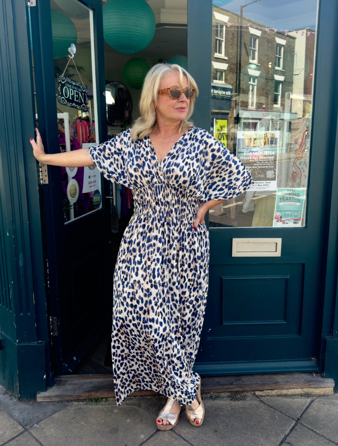 Becky Slinky Leopard Print Angel Sleeve Maxi Dress - Neutral Or Blue