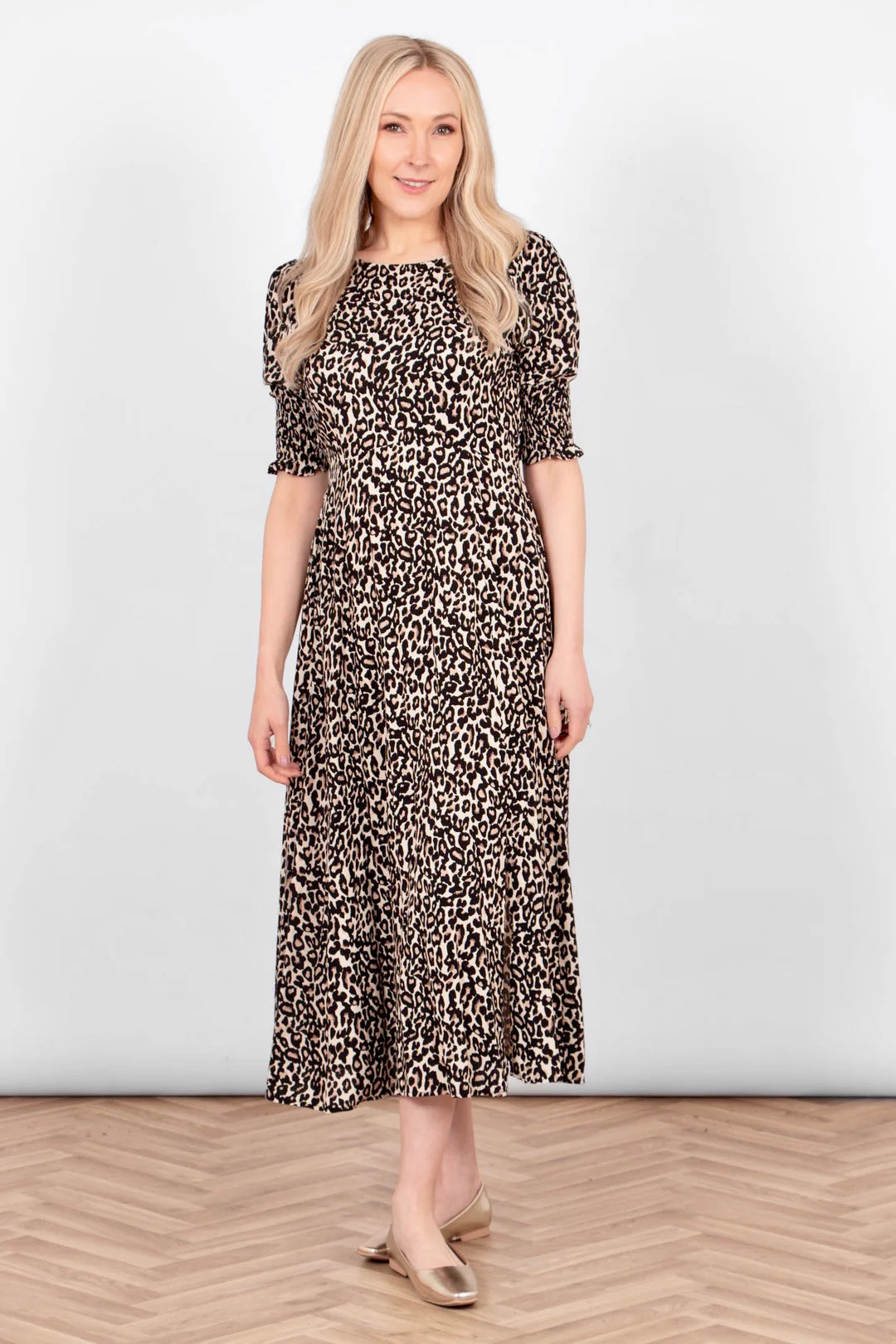 Zoe Leopard Print Midi Tea Dress With Ruched Sleeves