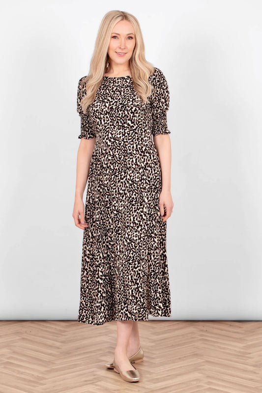 Zoe Leopard Print Midi Tea Dress With Ruched Sleeves