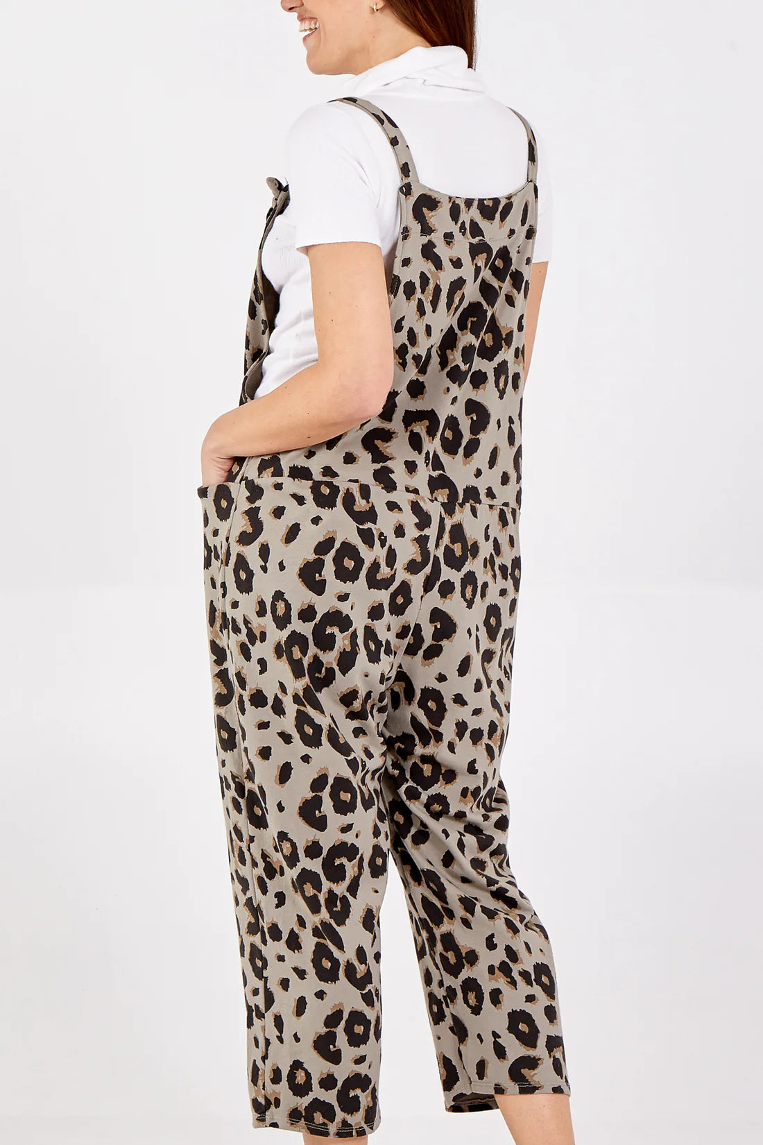 Debs Leopard Print Jersey Dungarees - Mocha