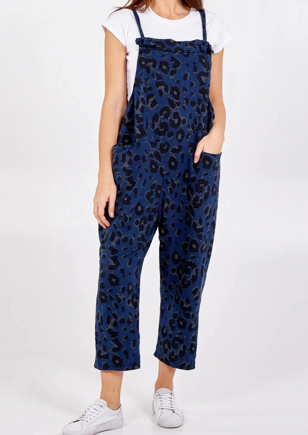 Debs Leopard Print Jersey Dungarees - Navy