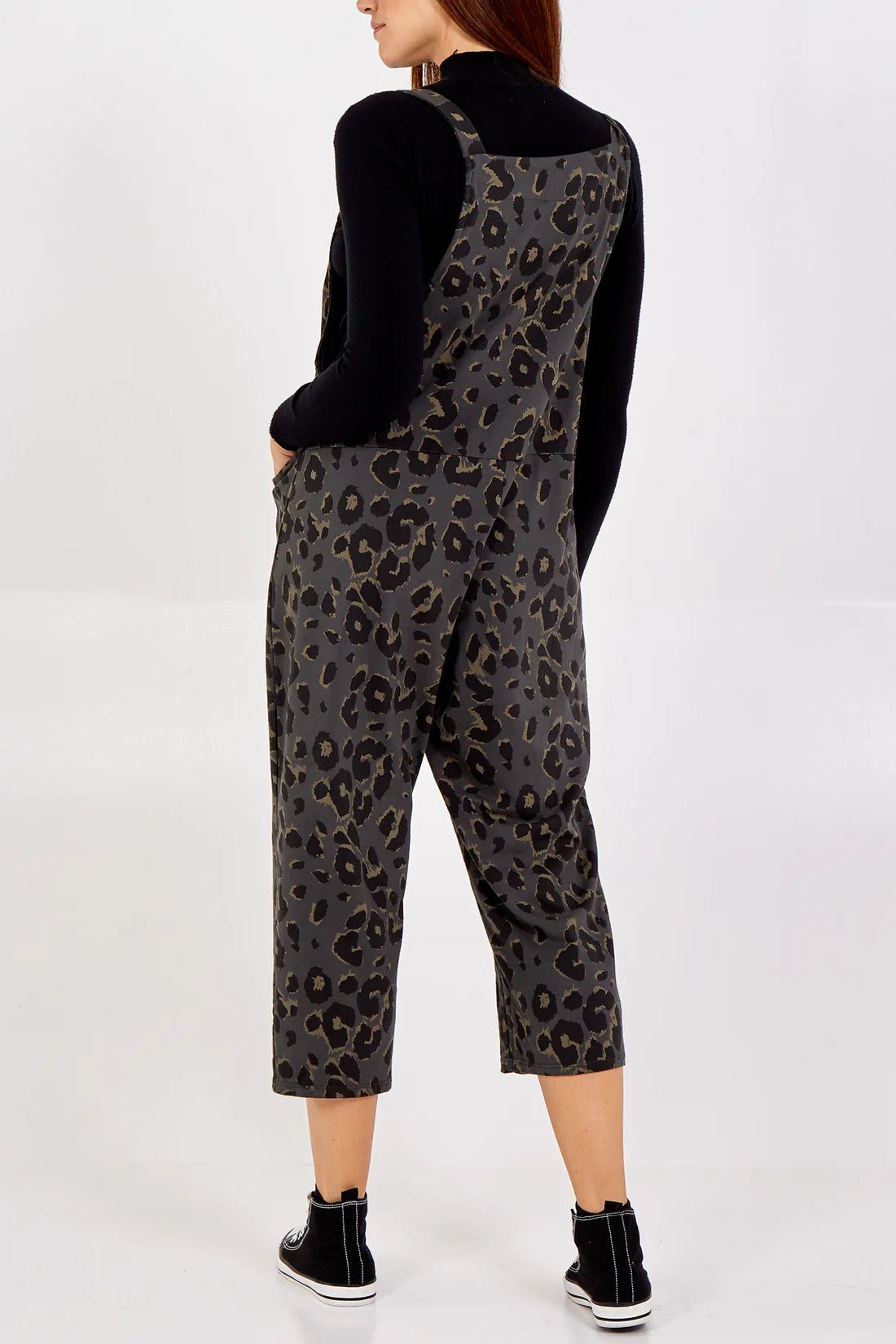 Debs Leopard Print Jersey Dungarees - Charcoal