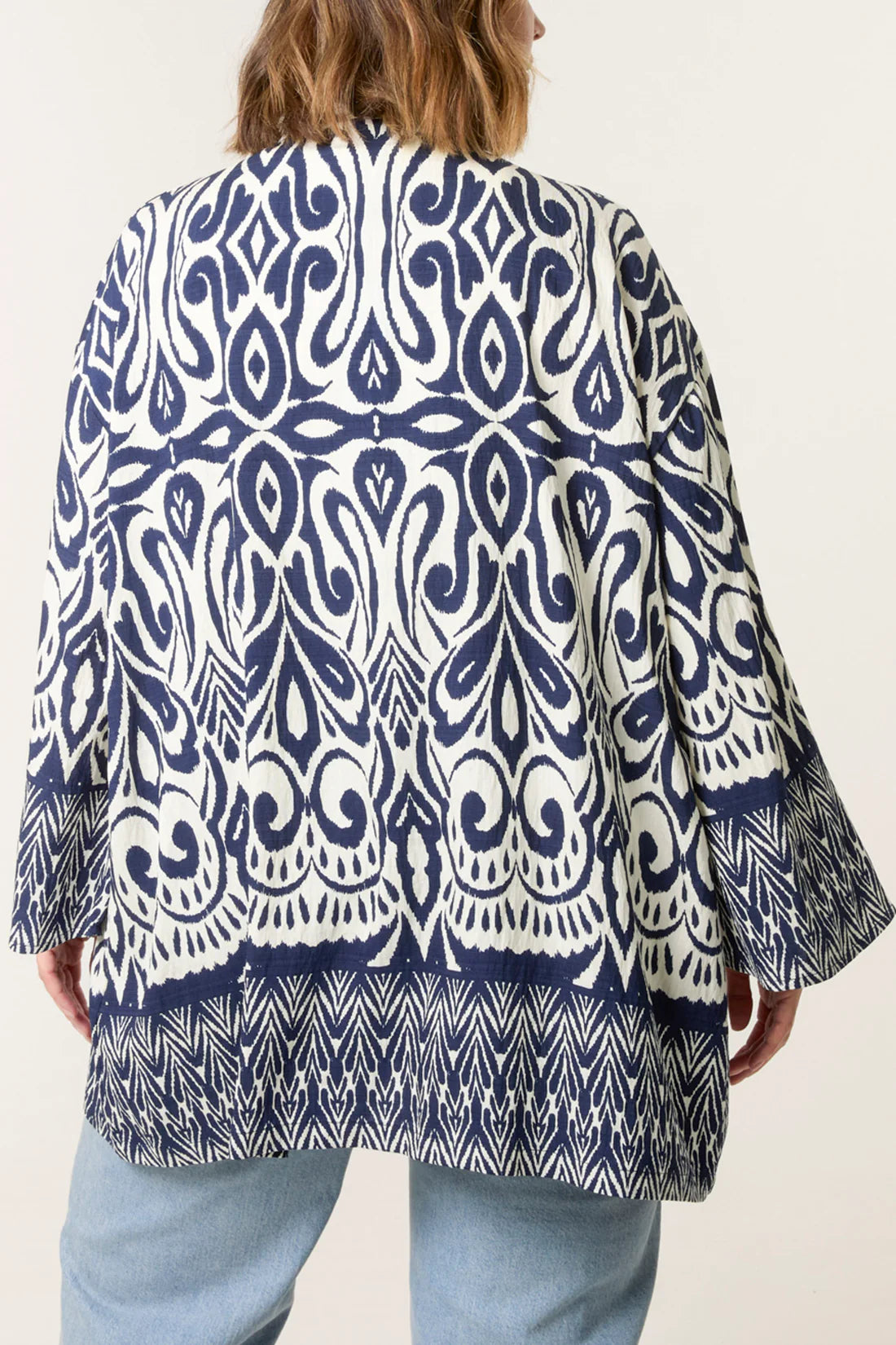 Tamarisk Curve Navy & Ivory Ikat Print Short Kimono