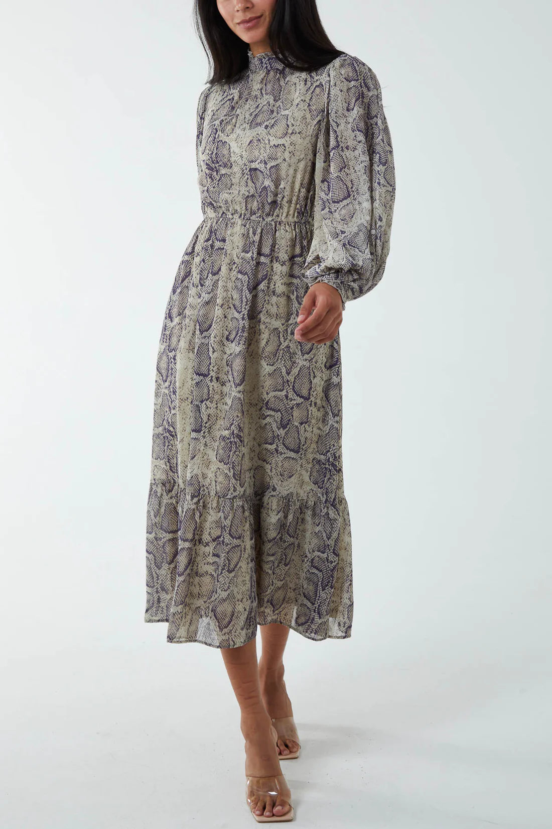 Salma Snake Print Balloon Sleeved Midi Dress