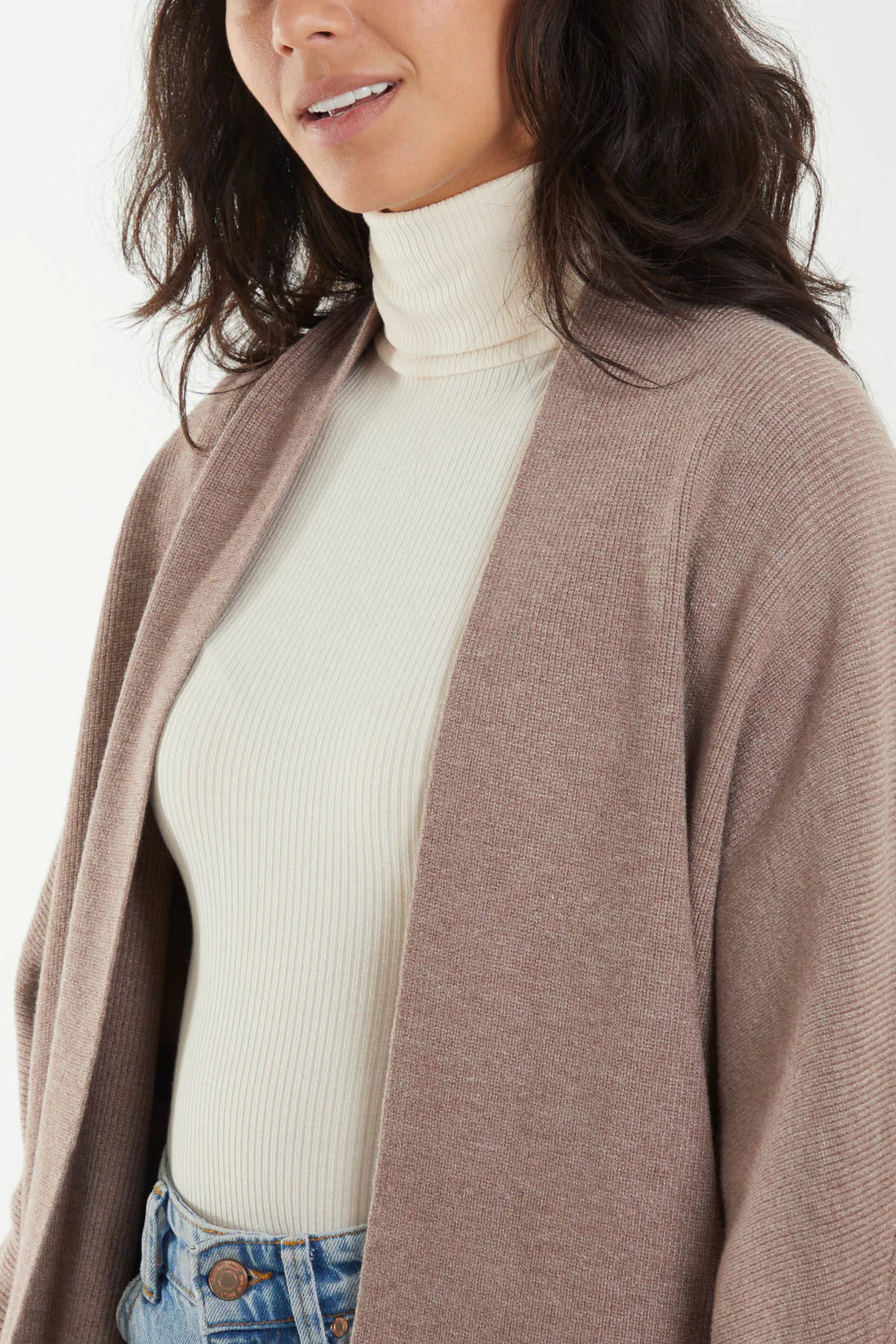Sophie Longline Fringe Trim Taupe Cardigan