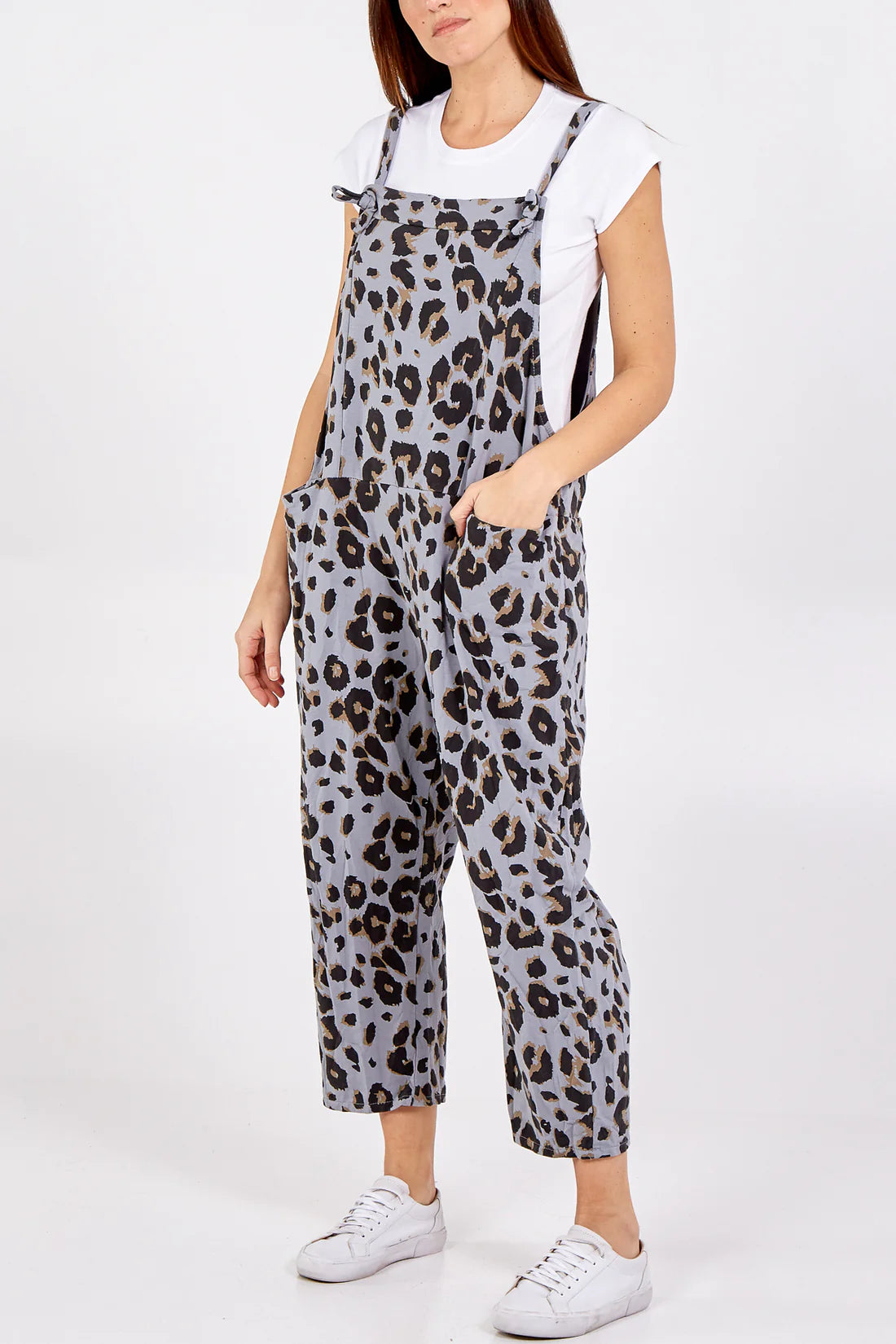 Debs Leopard Print Jersey Dungarees - Grey