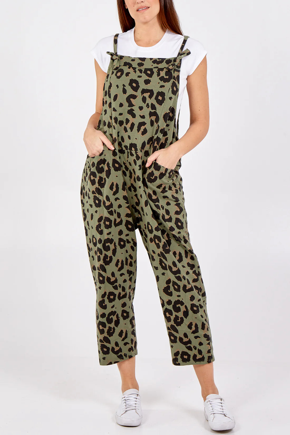Debs Leopard Print Jersey Dungarees - Khaki