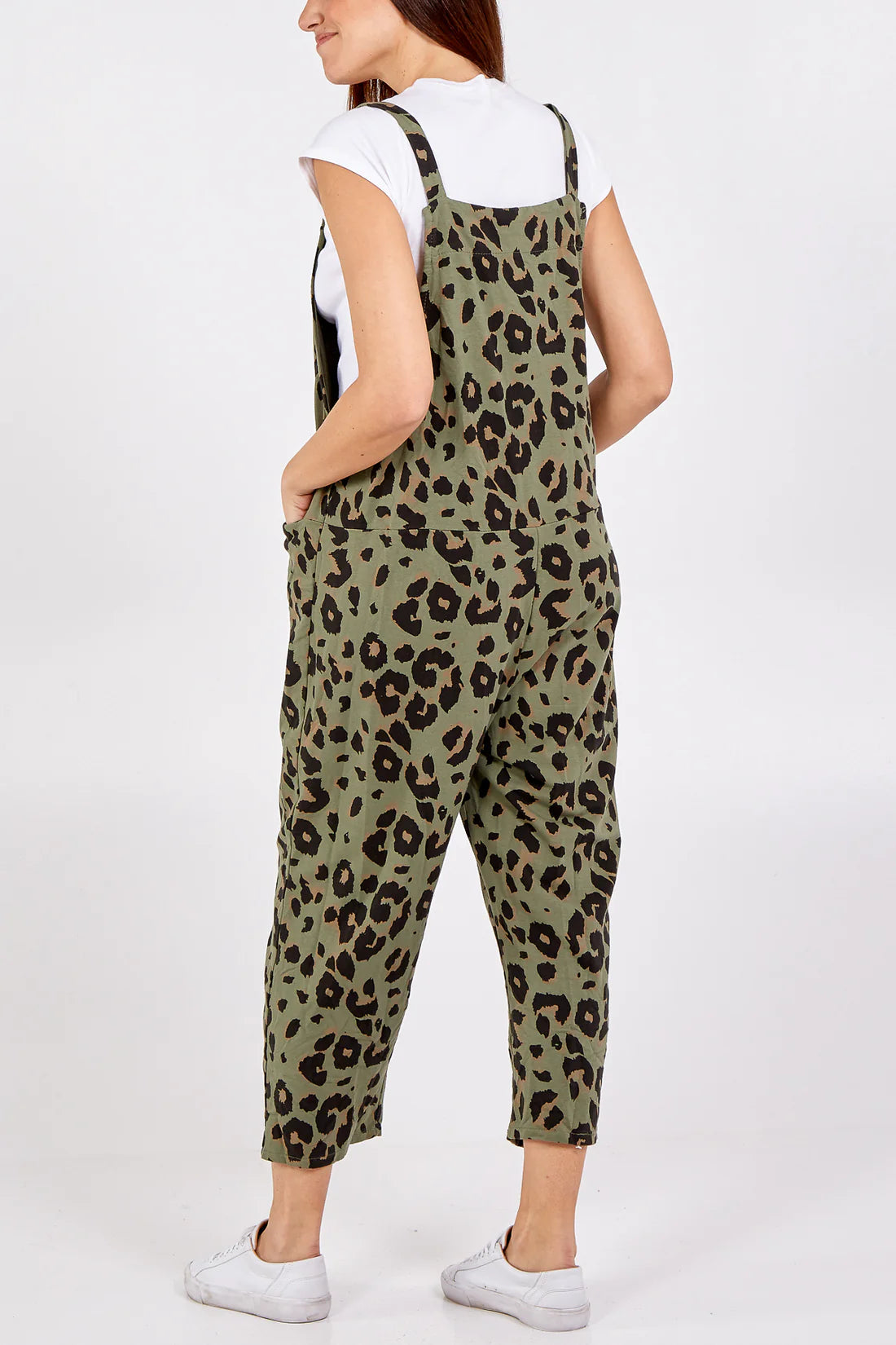 Debs Leopard Print Jersey Dungarees - Khaki