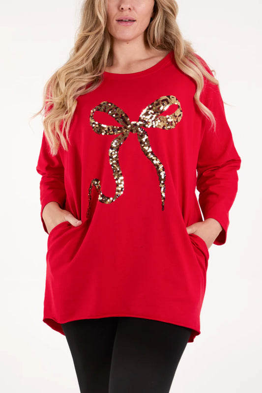 Red Long Sweatshirt With Large Gold Sequin Bow Detail
