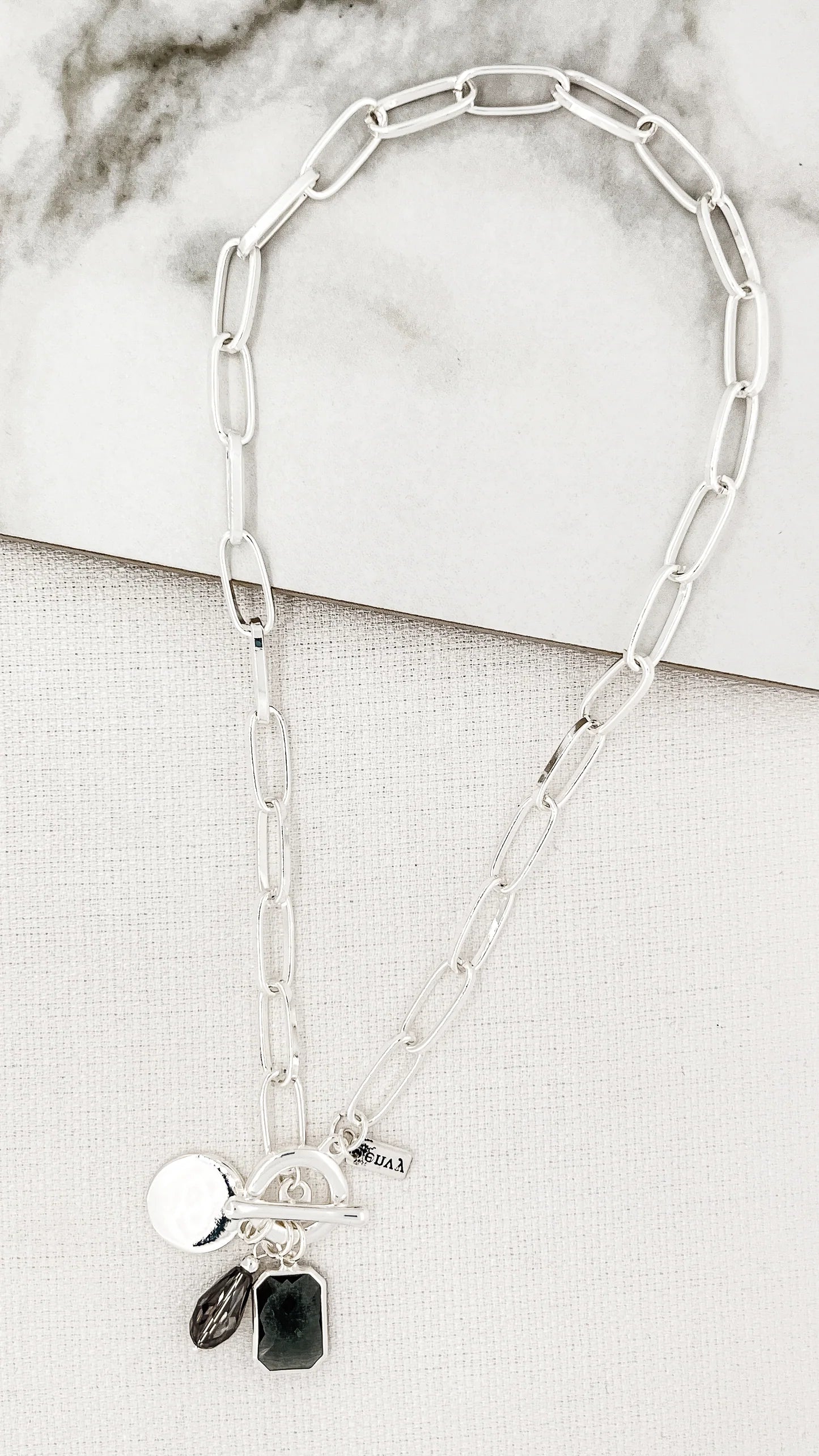 Envy Jewellery Short silver link T-bar necklace with grey crystal charms