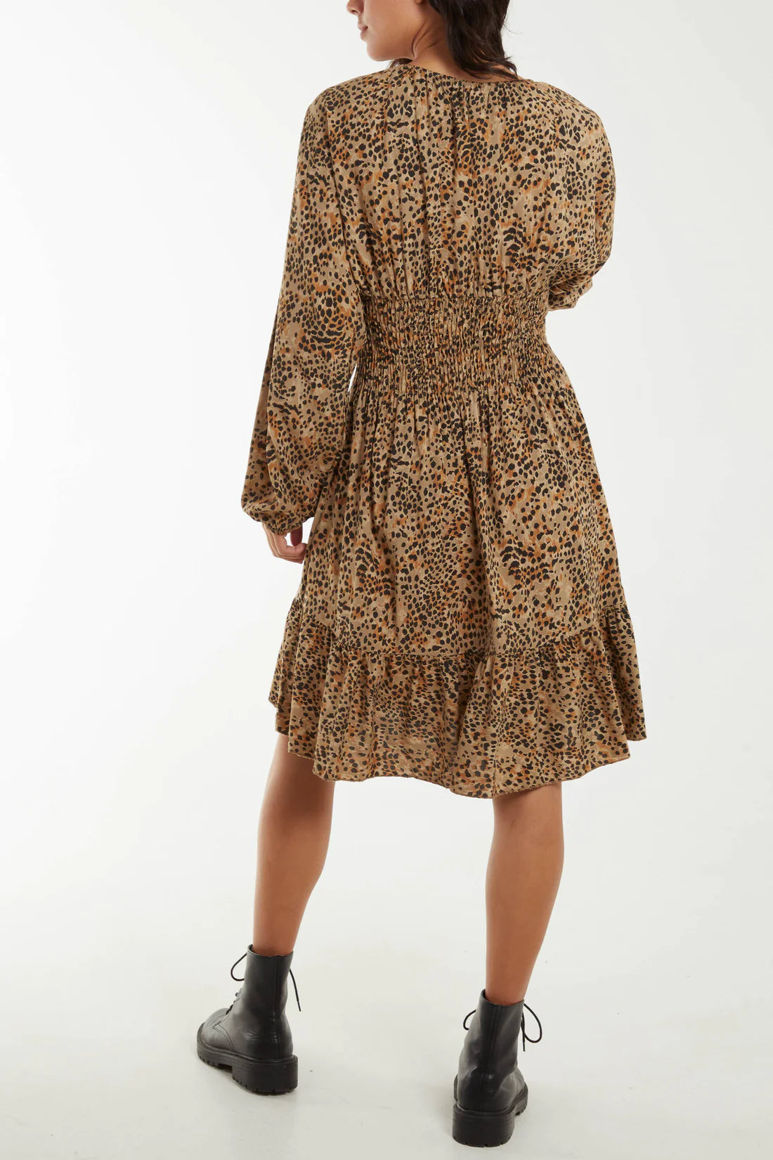 Selina Leopard Print Shirred Waist Midi Dress - Camel