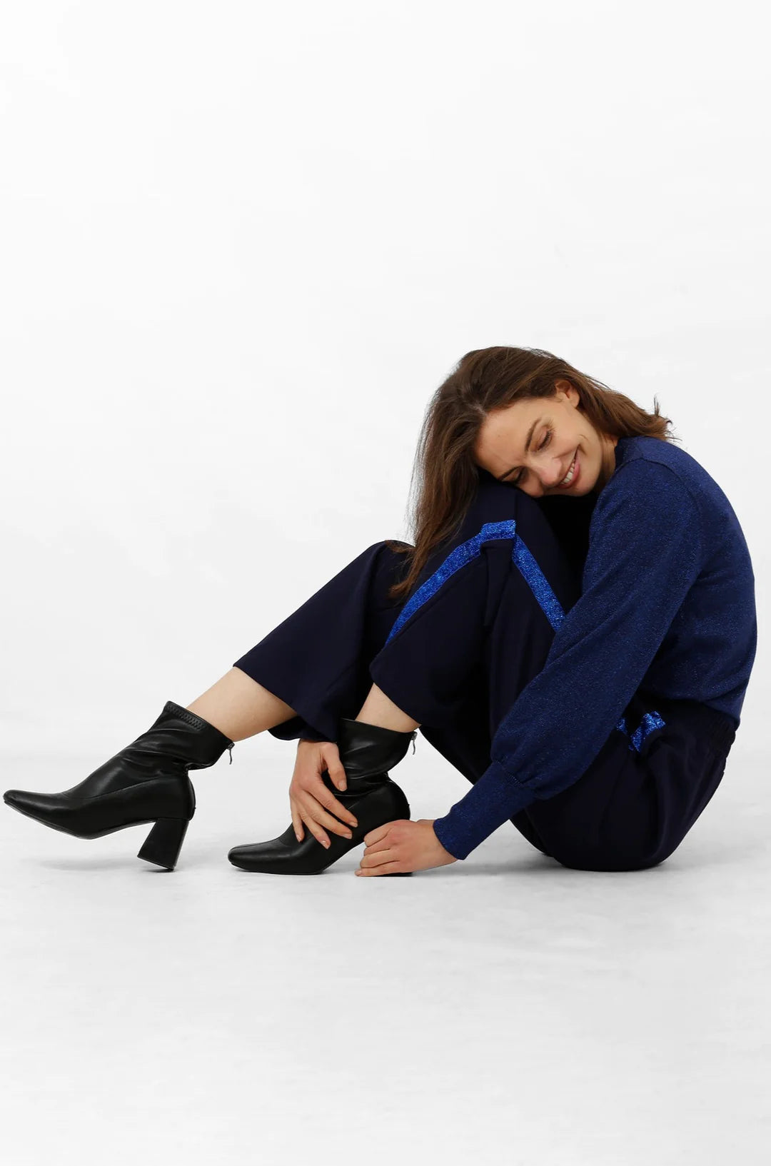 Nigella Navy Wide Trousers With Lurex Side Stripe