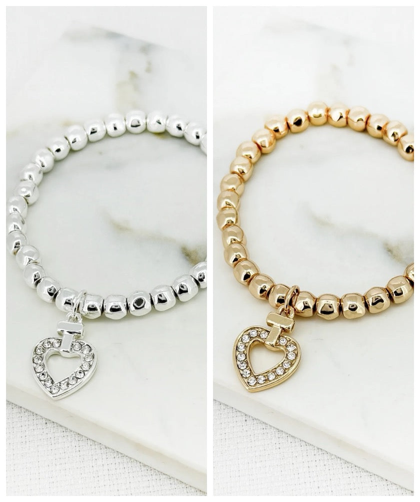 Envy Jewellery Gold Or Silver Stretch Beaded Bracelet With Large Diamanté Heart Charm