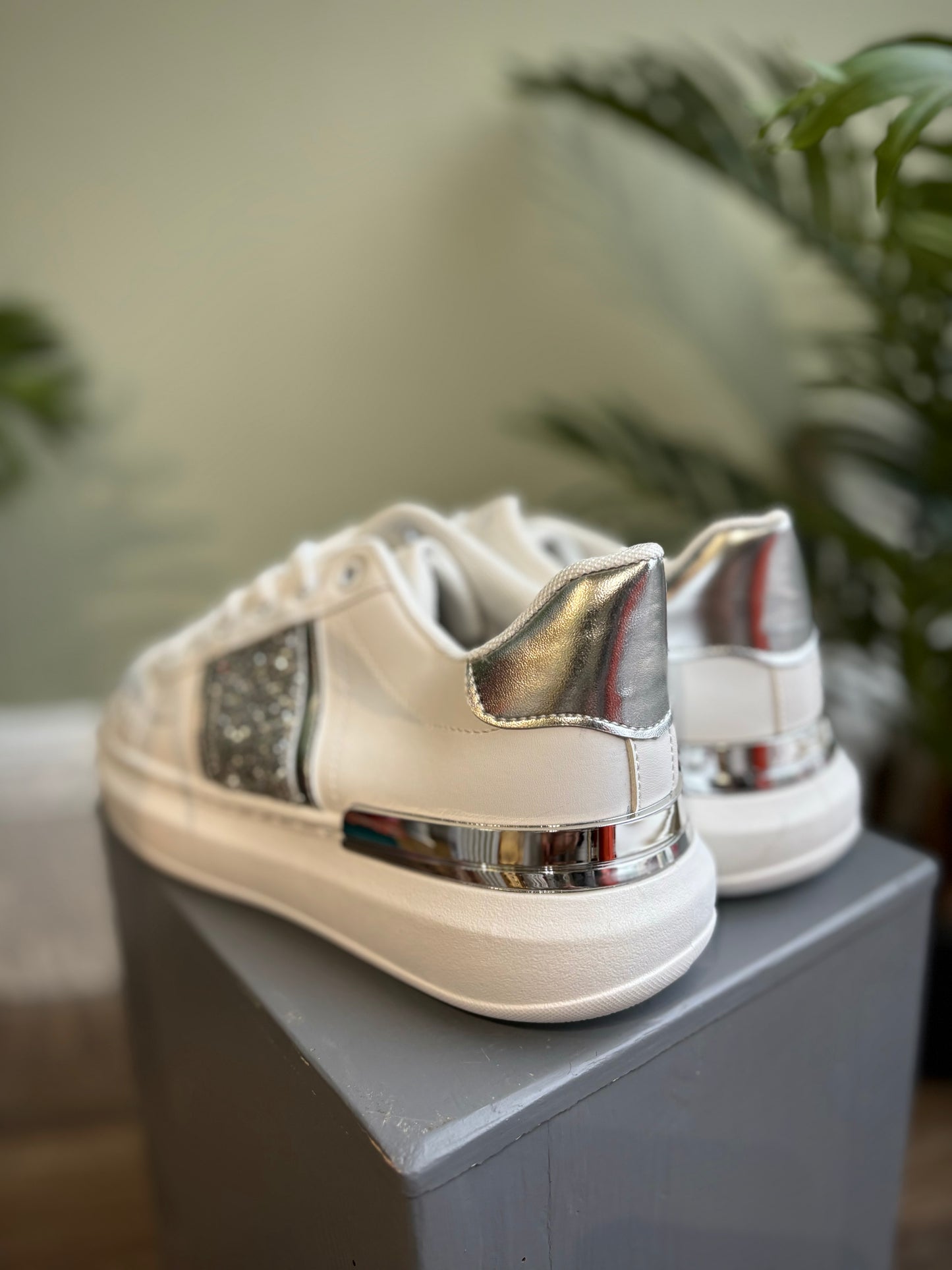 Every day, 24/7 White Chunky Trainers With Silver Glitter Stripe