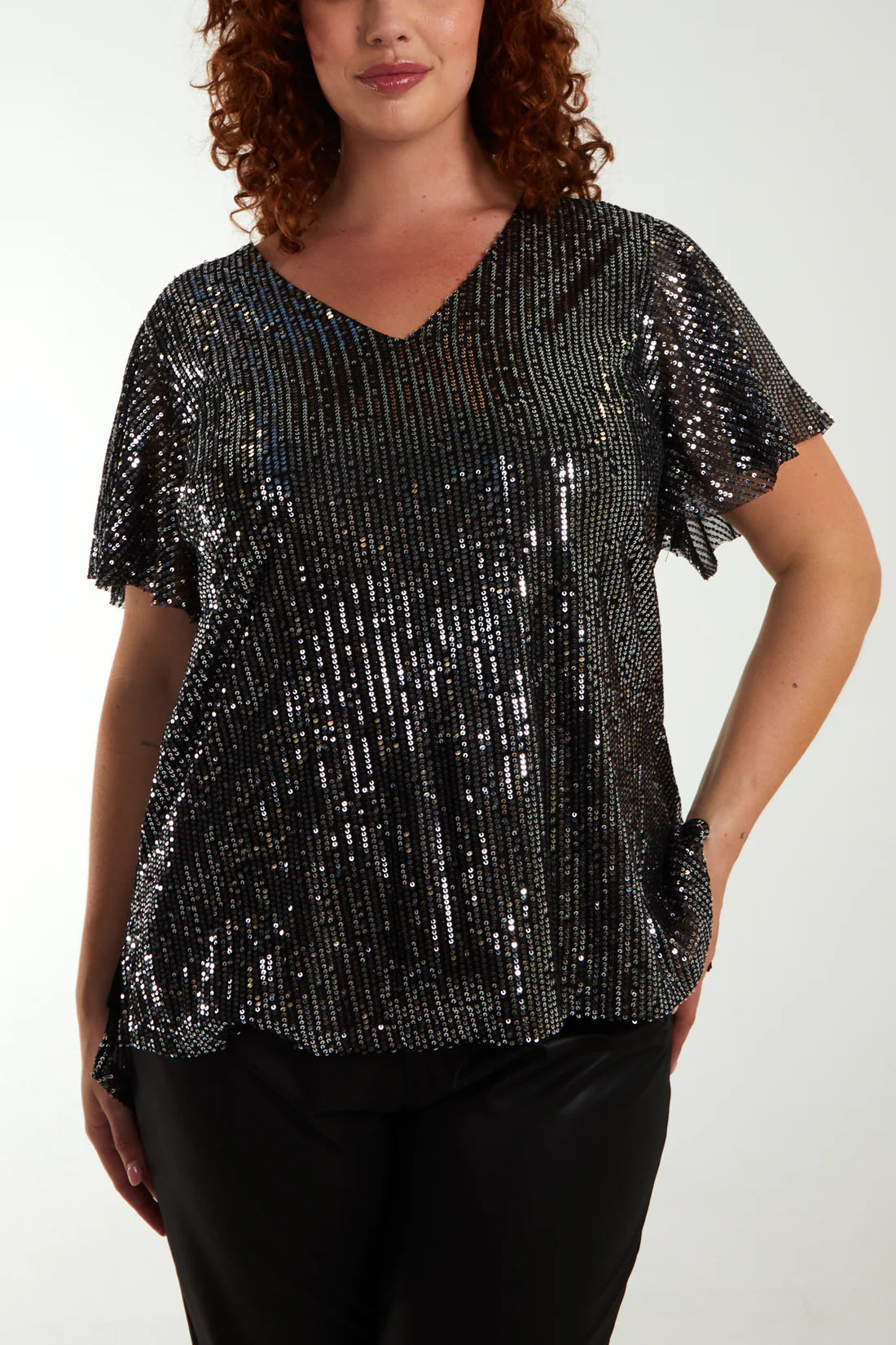 Tamarisk Curve Angel Sleeve Sequin Top - Black/Silver