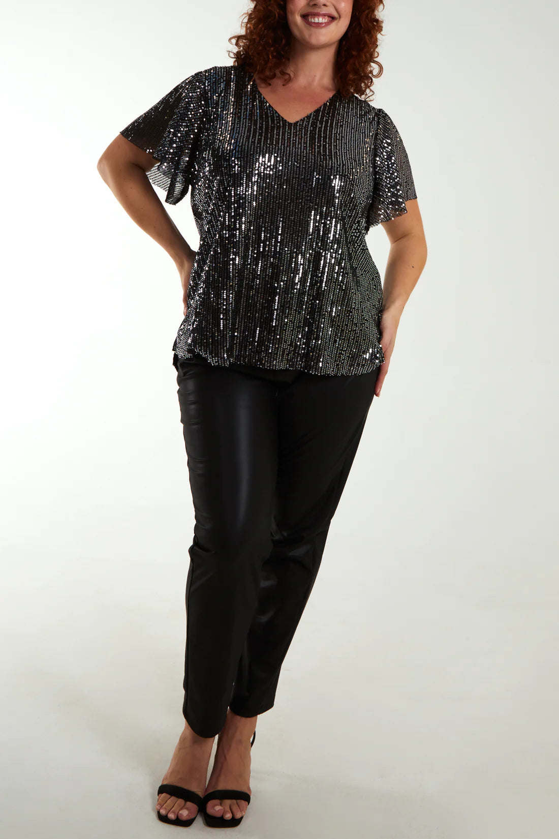 Tamarisk Curve Angel Sleeve Sequin Top - Black/Silver