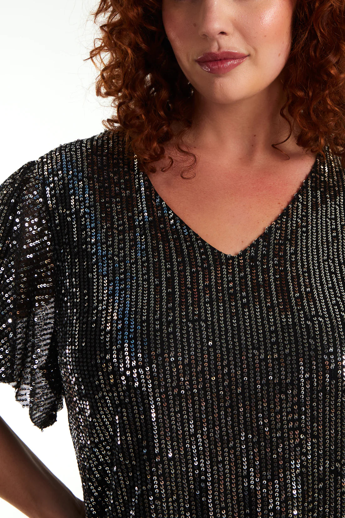 Tamarisk Curve Angel Sleeve Sequin Top - Black/Silver