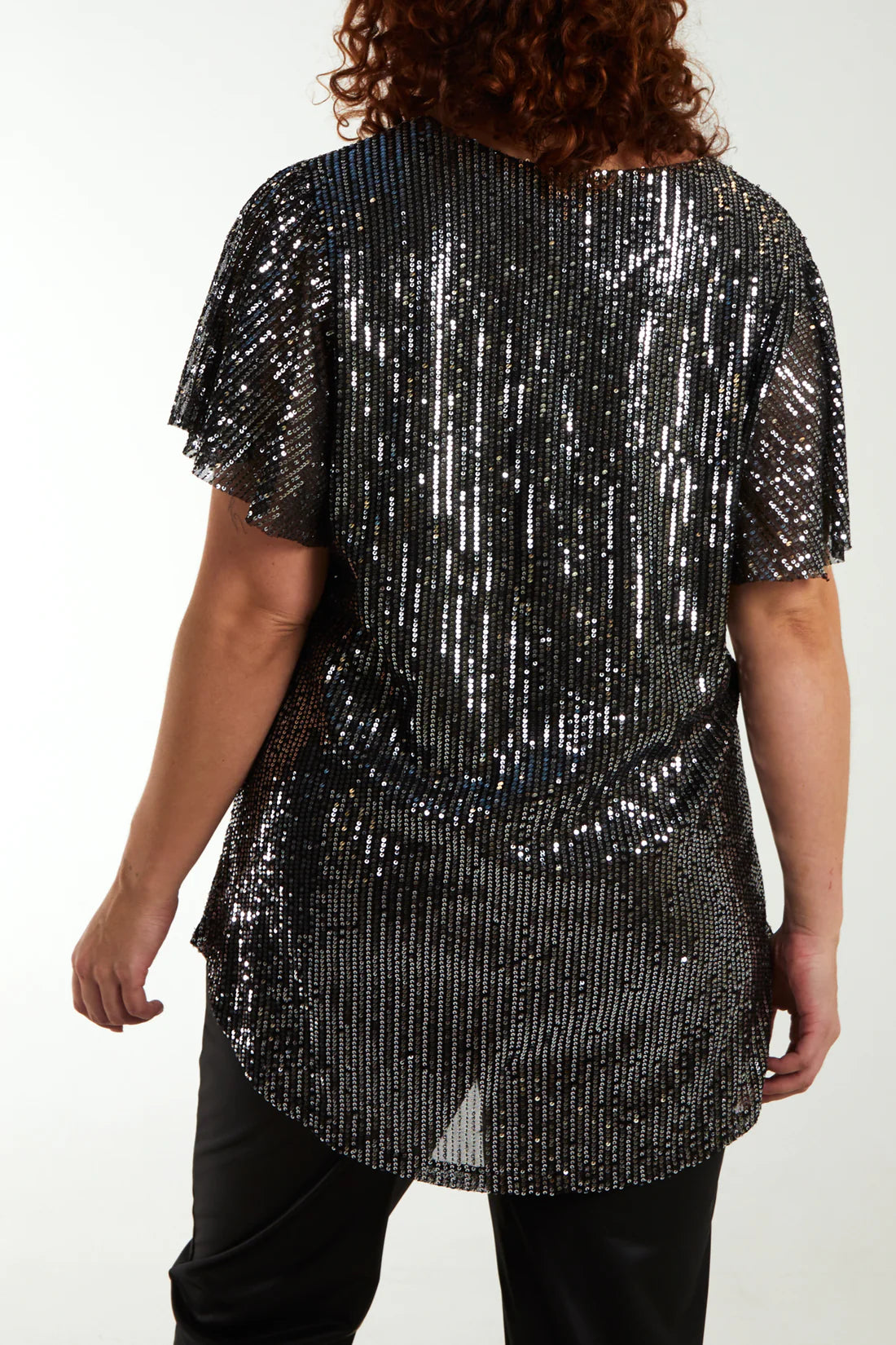Tamarisk Curve Angel Sleeve Sequin Top - Black/Silver