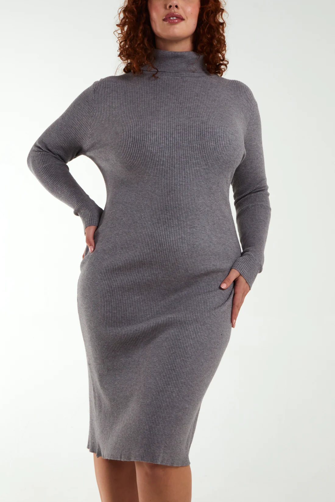 Tamarisk Curve Grey Ribbed Roll Neck Jumper Dress