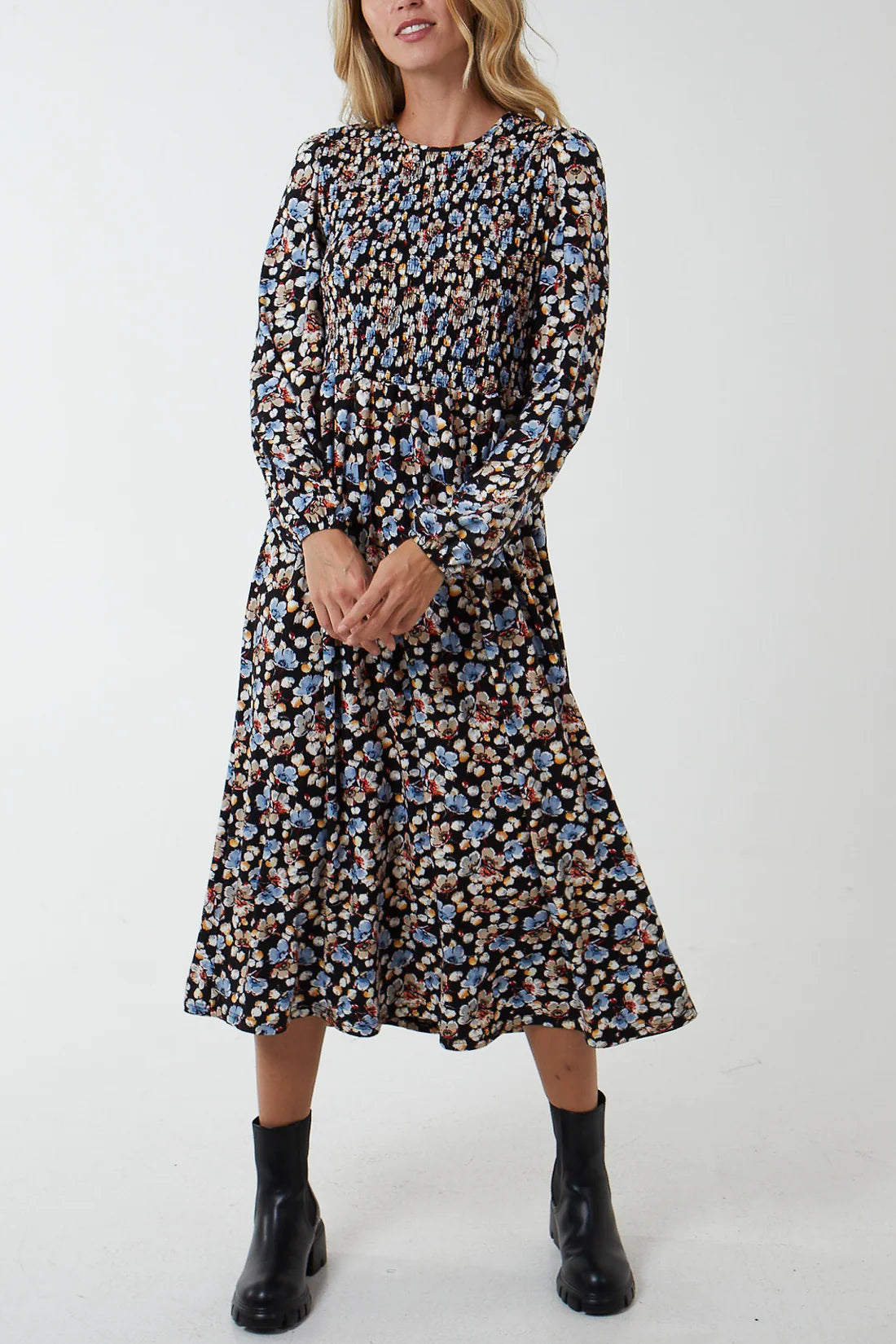 Shellie Shirred Bodice Ditsy Floral Midi Dress