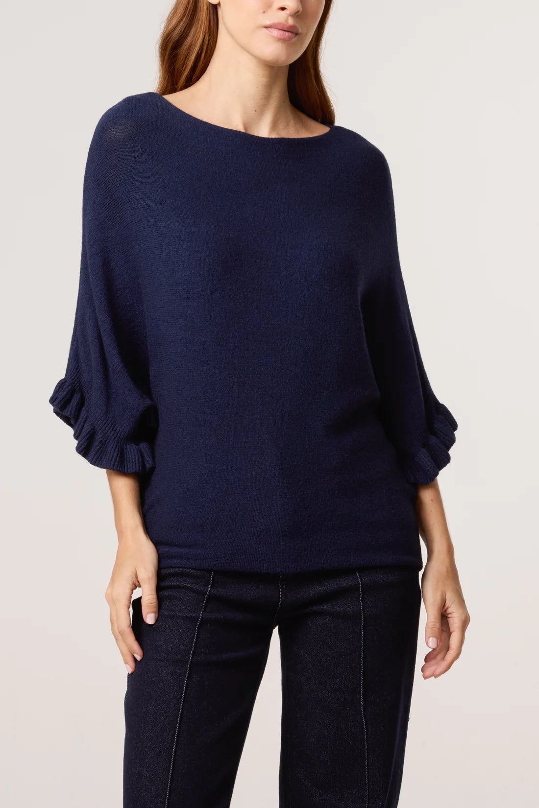 Frill Cuff Batwing Sleeve Slouchy Jumper navy